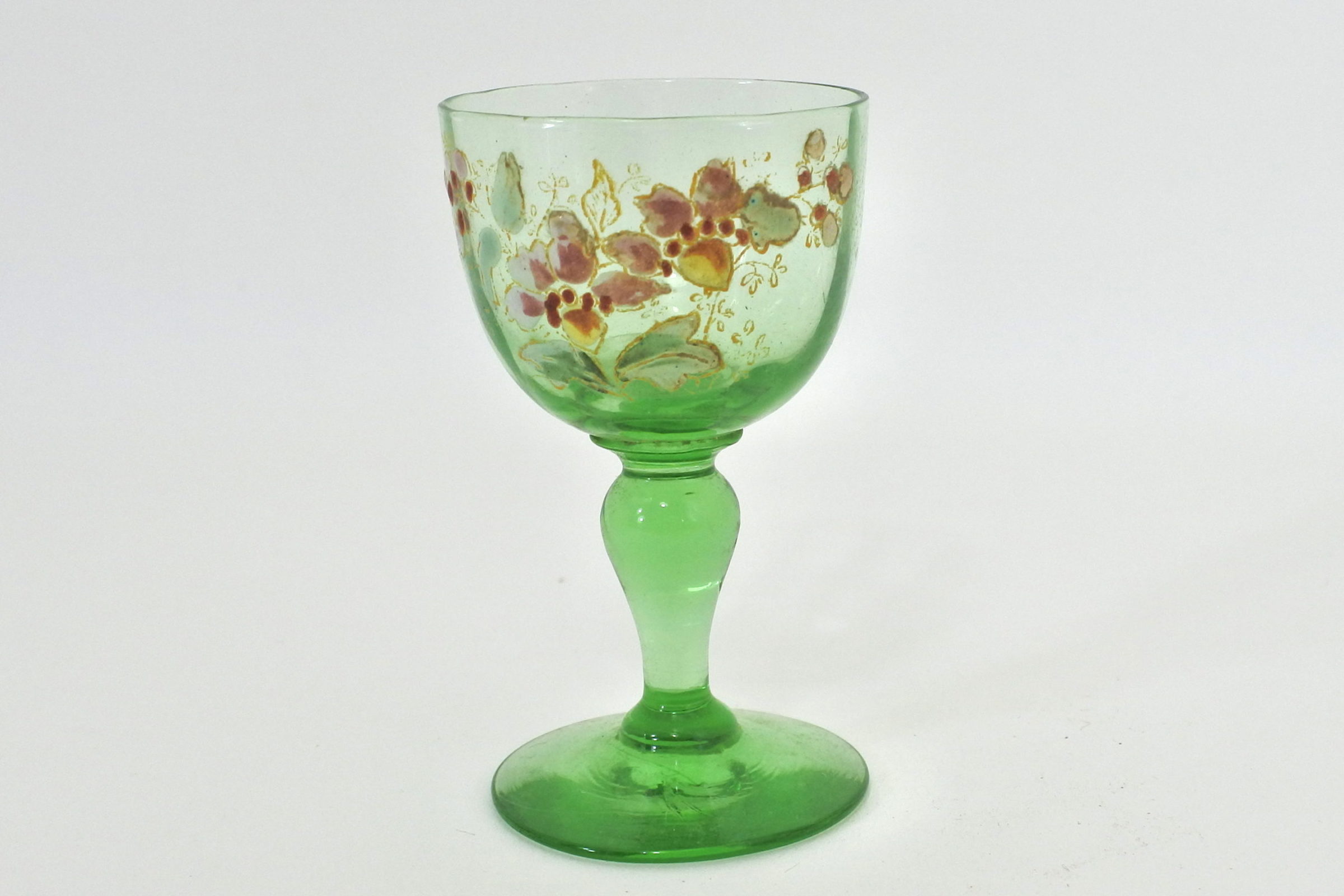 Bicchierino Legras in vetro verde soffiato e smalti
