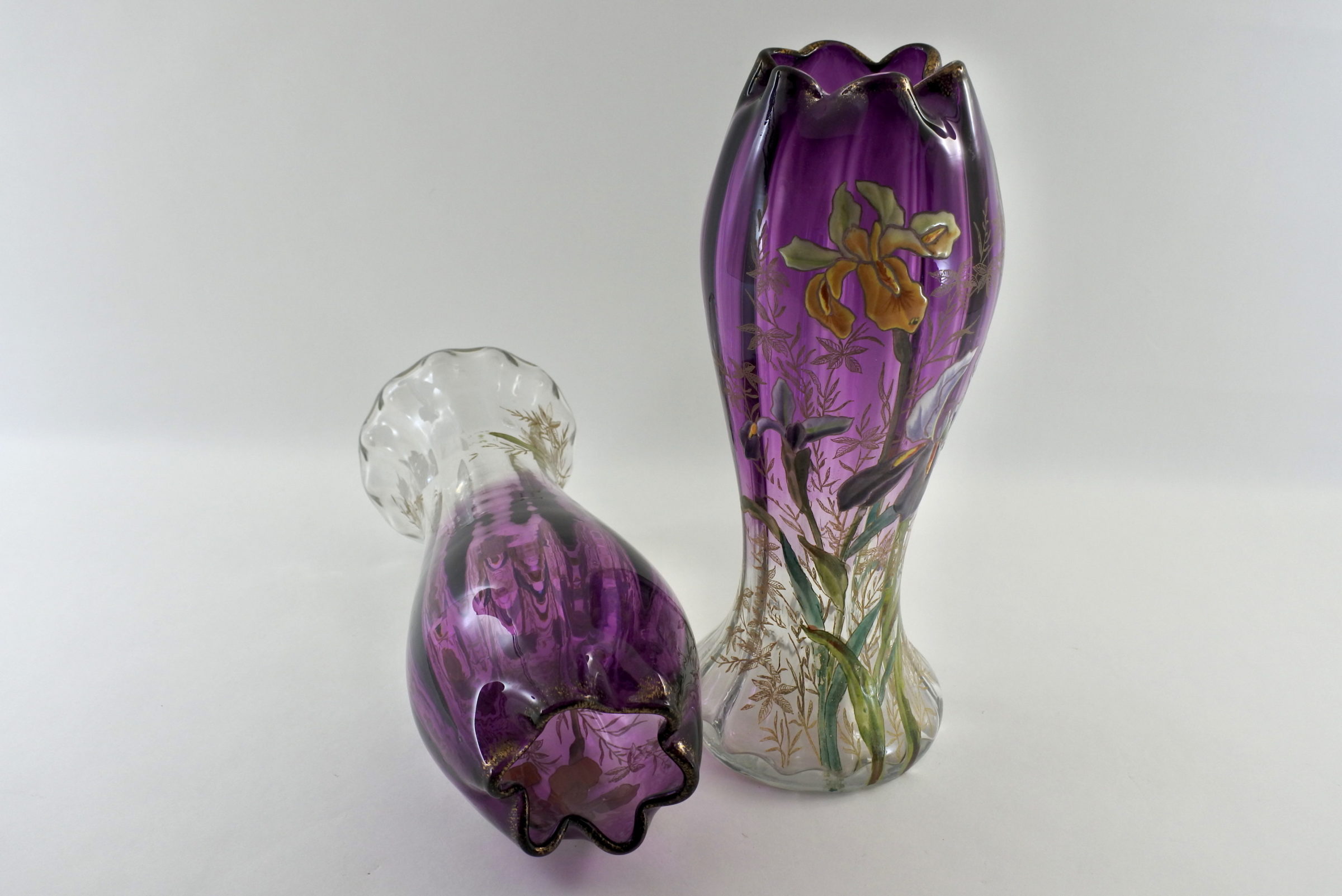 Coppia di vasi Legras in vetro soffiato e smalti con iris - 5