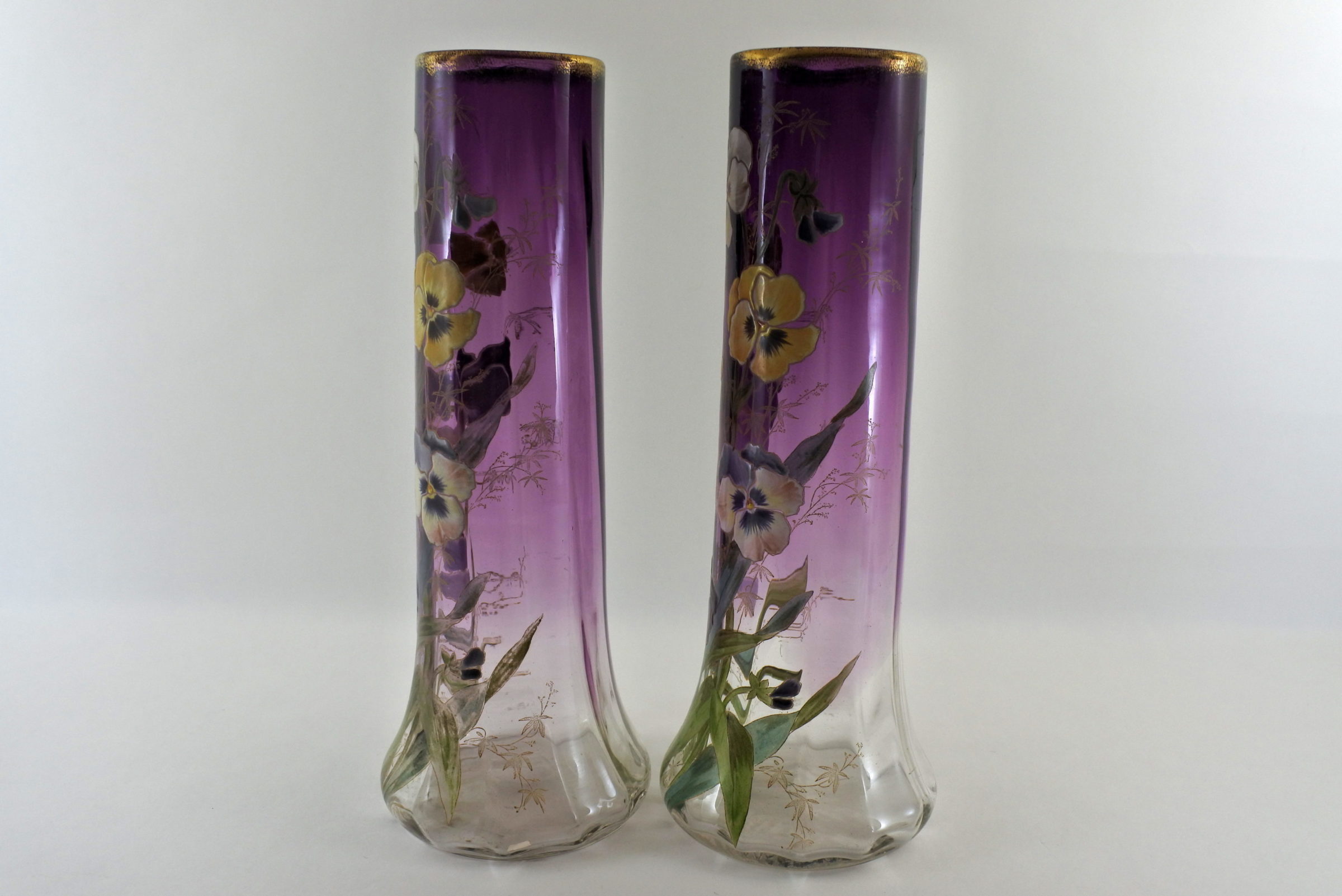 Coppia di vasi Legras in vetro soffiato e smalti con viole del pensiero - Pensées - 2