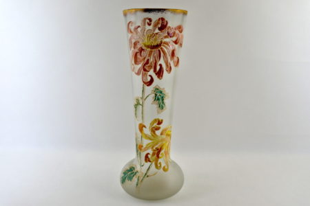 Vaso Legras in vetro soffiato e smalti con crisantemi - Altezza 39,7 cm