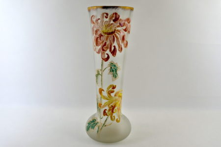 Vaso Legras in vetro soffiato e smalti con crisantemi - Altezza 39,7 cm