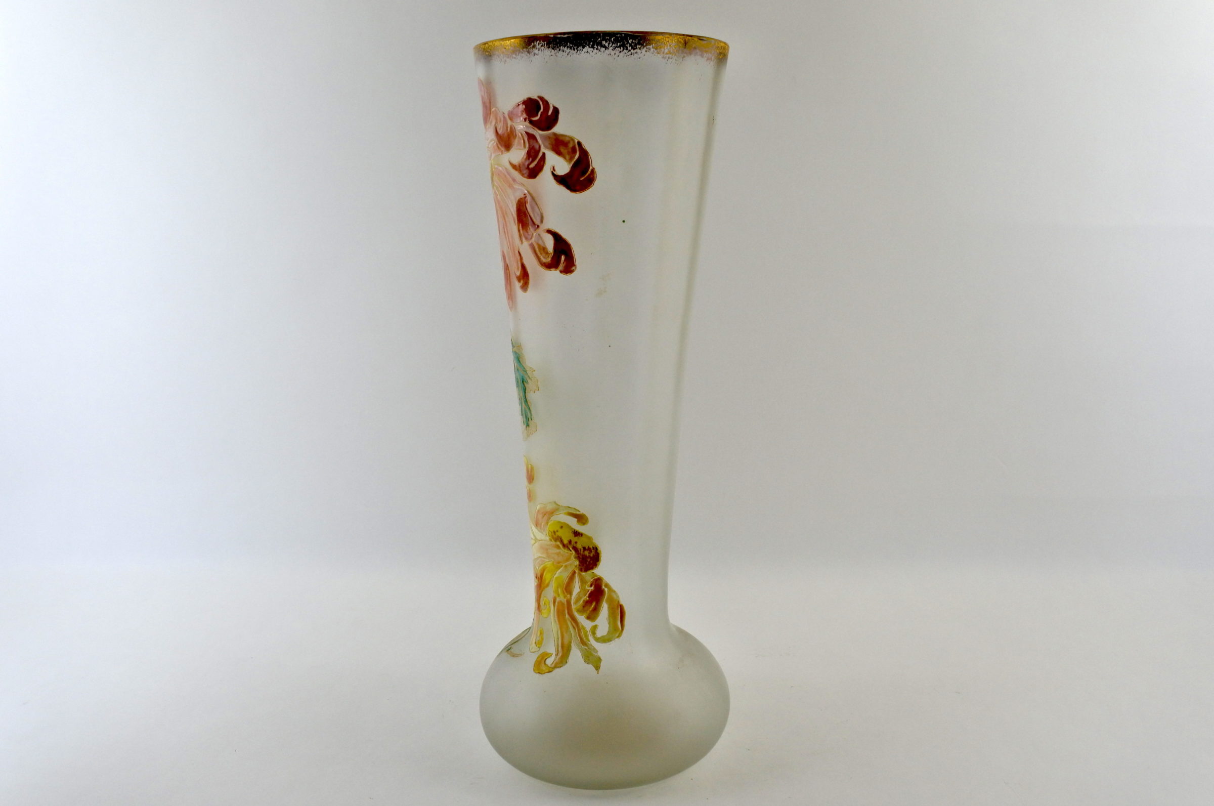 Vaso Legras in vetro soffiato e smalti con crisantemi - Altezza 39,7 cm - 2