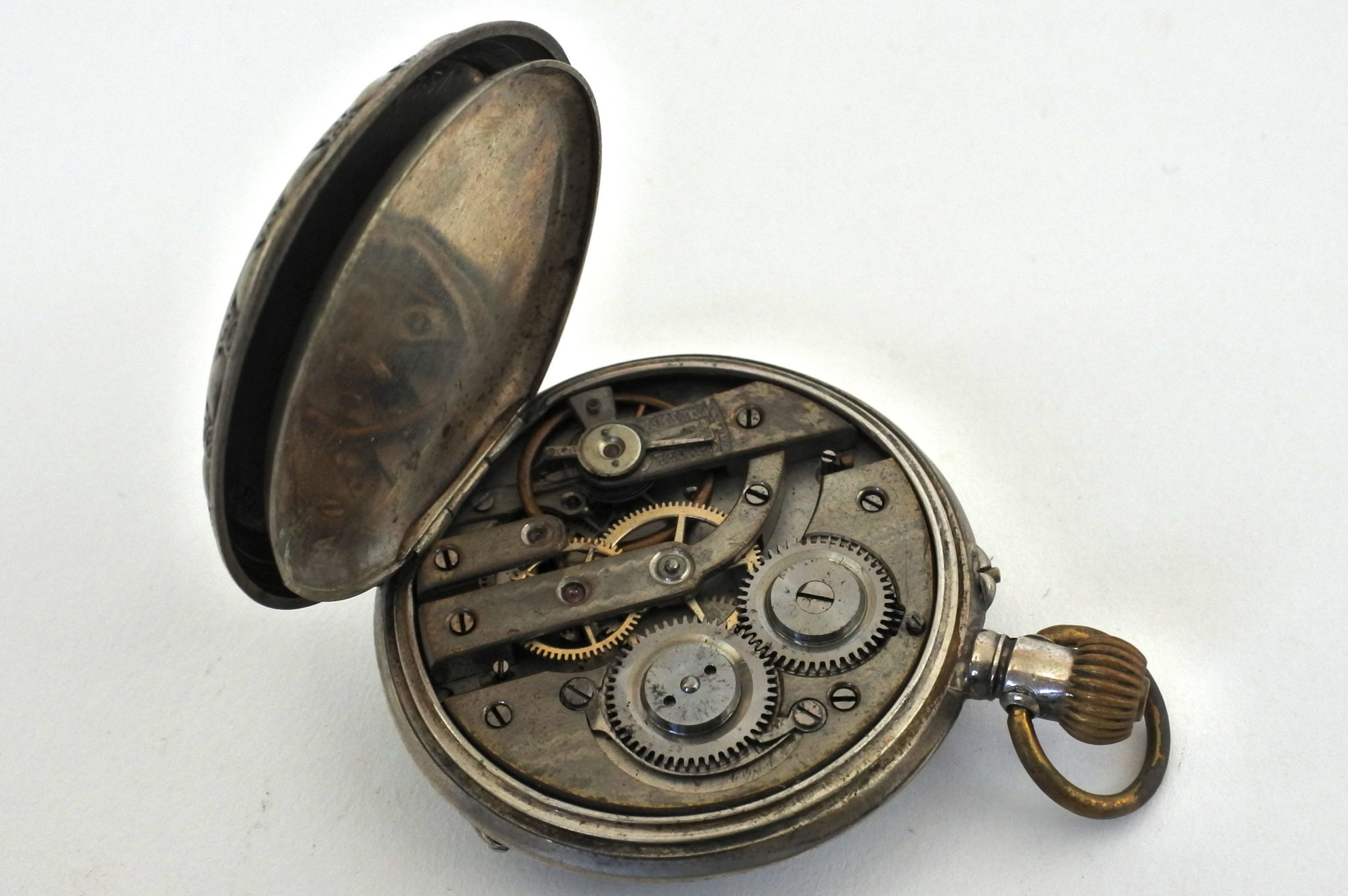 Orologio da tasca in argento con incisione di locomotiva a vapore - 3