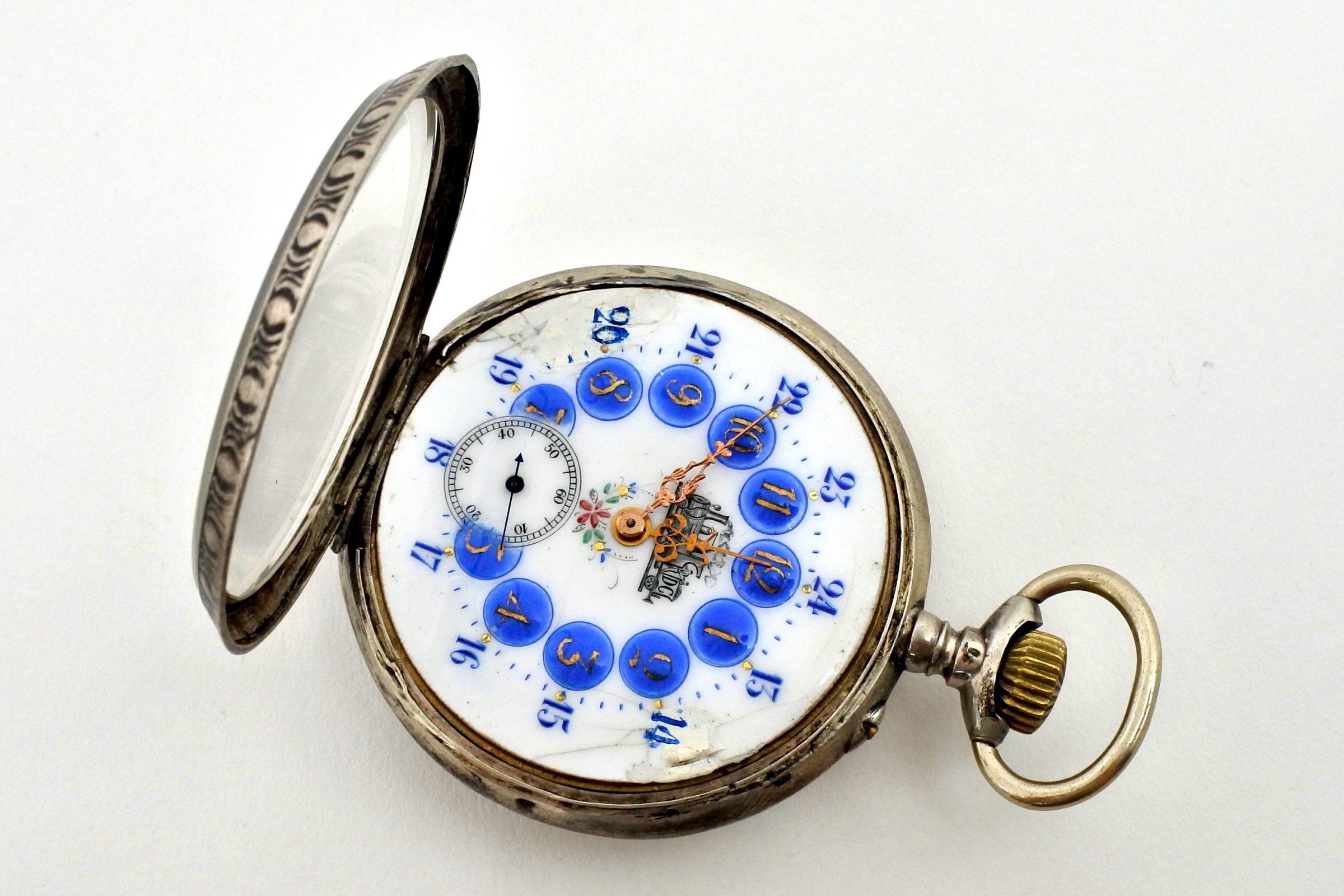 Orologio da tasca in argento con treno su quadrante - 5