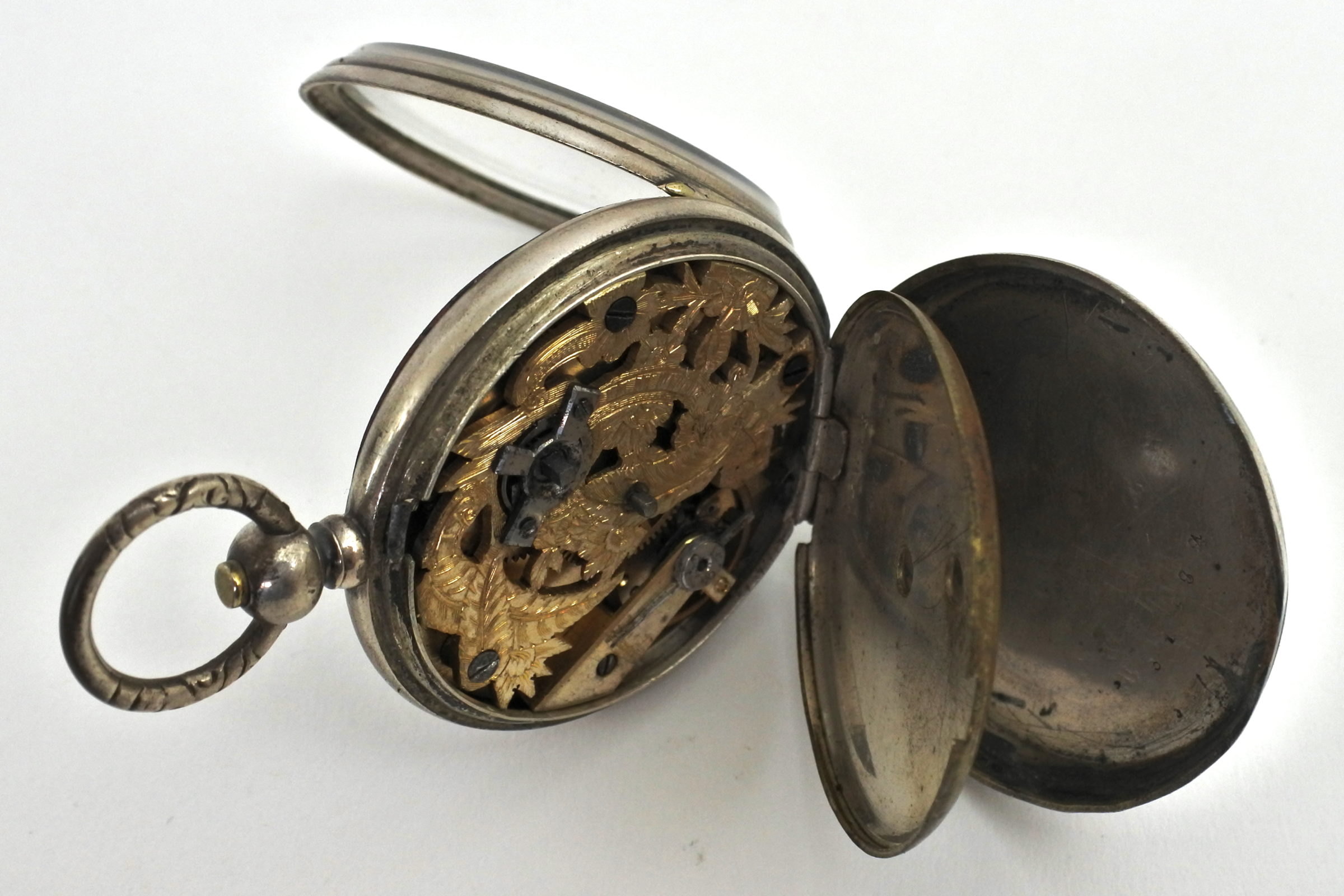 Orologio da tasca in argento con carica a chiavetta e movimento dorato inciso - 6