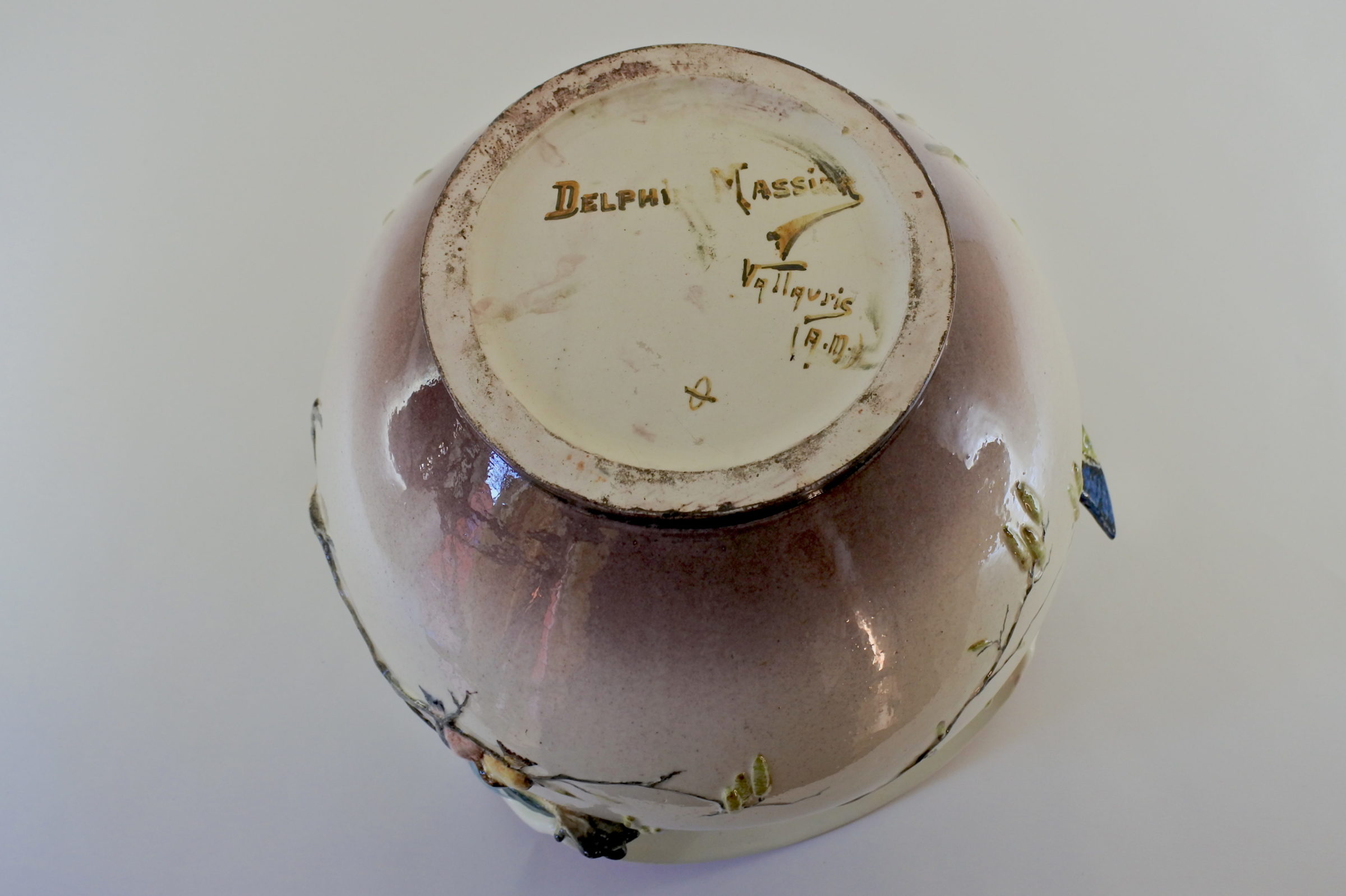 Cache pot Massier in ceramica barbotine con uccellini in rilievo su rami - 7