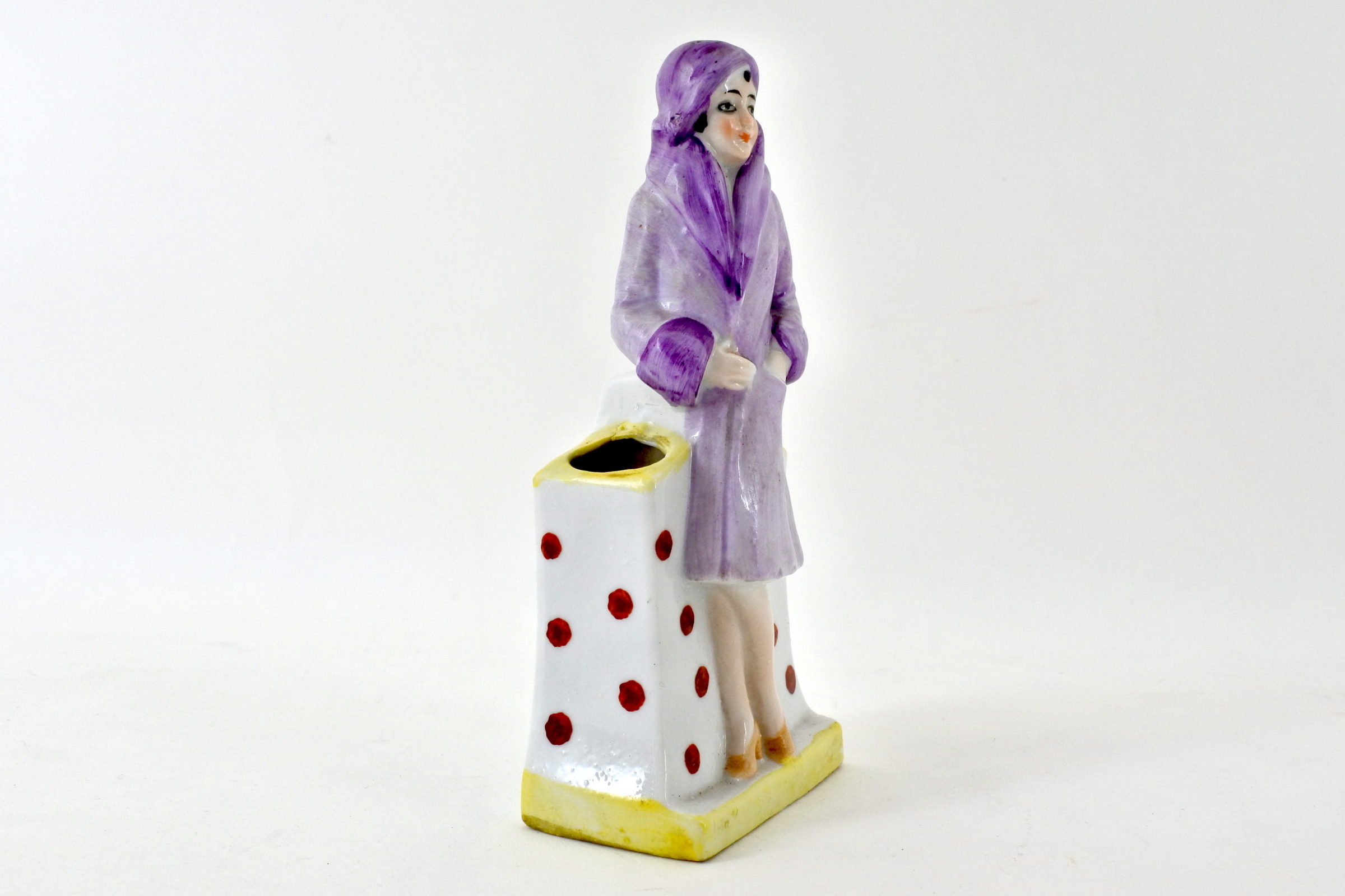 Statuina decò in ceramica con donna e contenitore - 2