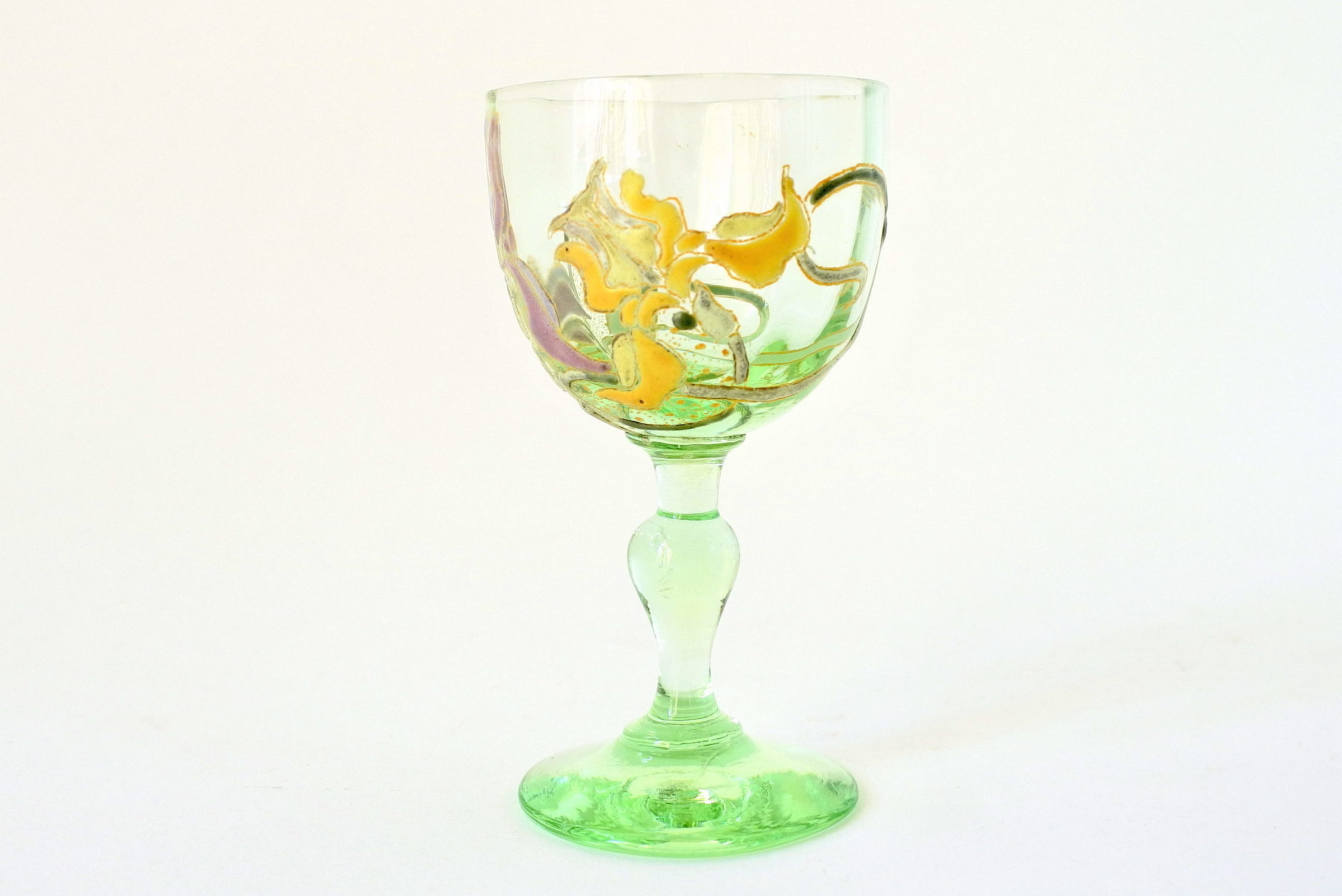 Bicchierino Legras in vetro verde soffiato con iris violetto smaltato - 2