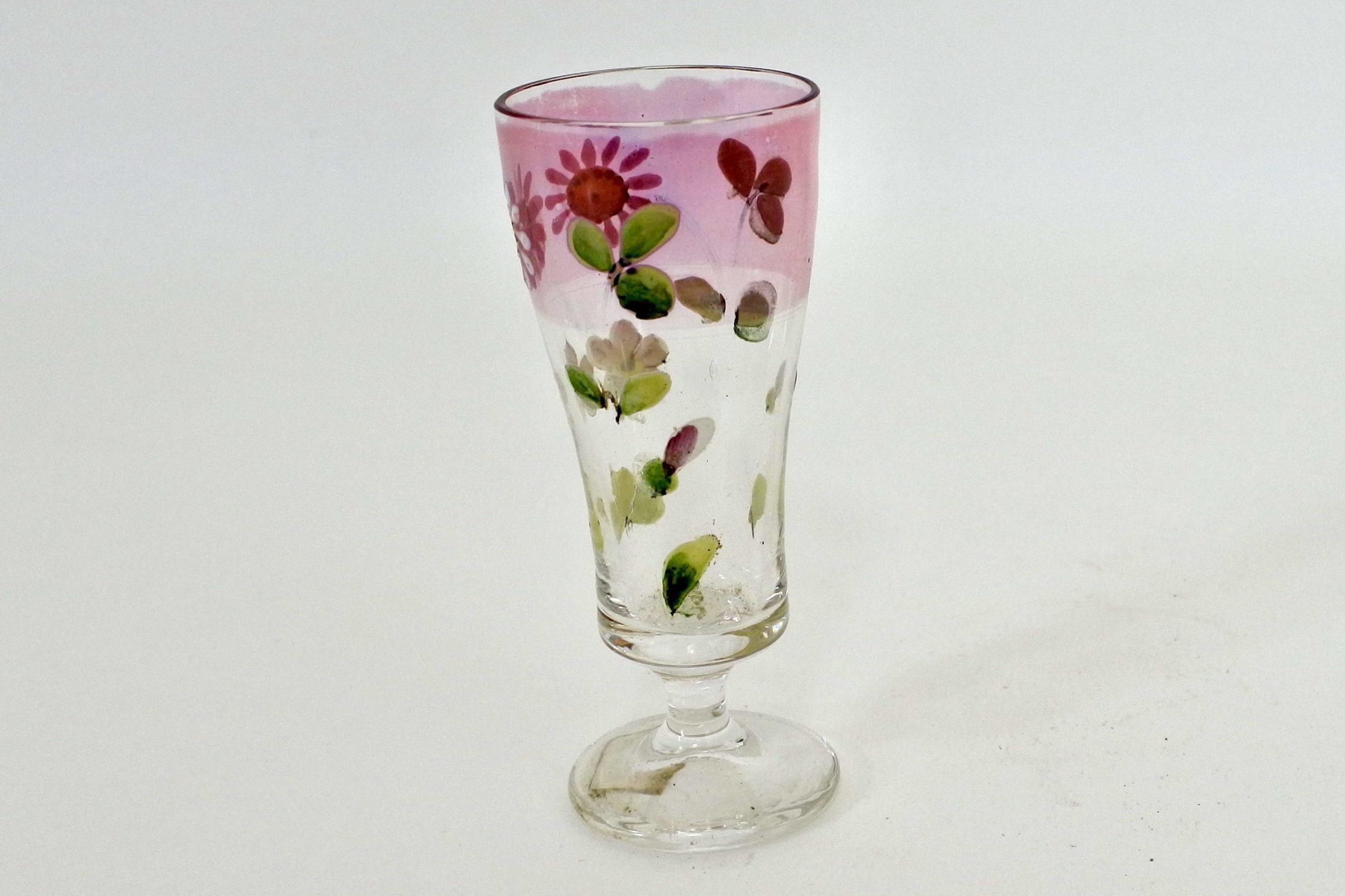 Bicchierino a calice in vetro soffiato e smalti con decoro di margherite su fascia rosa - 2