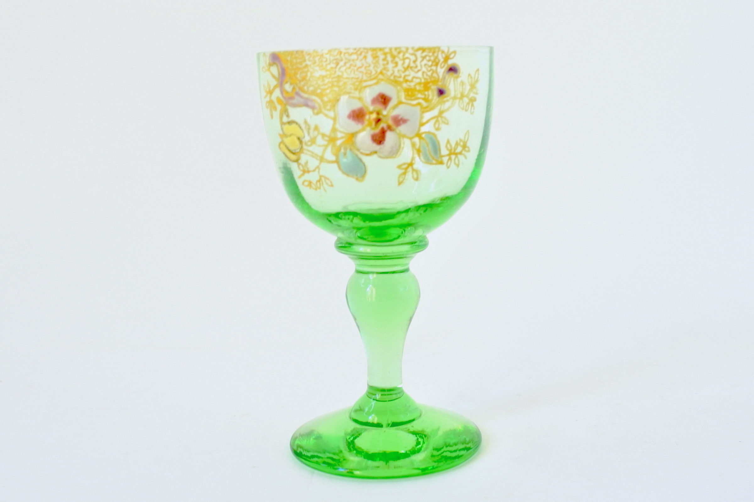 Bicchierino Legras in vetro soffiato verde e smalti - Altezza 7,8 cm