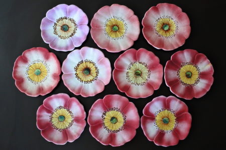10 piatti Massier in ceramica barbotine a forma di rosa canina - Églantine