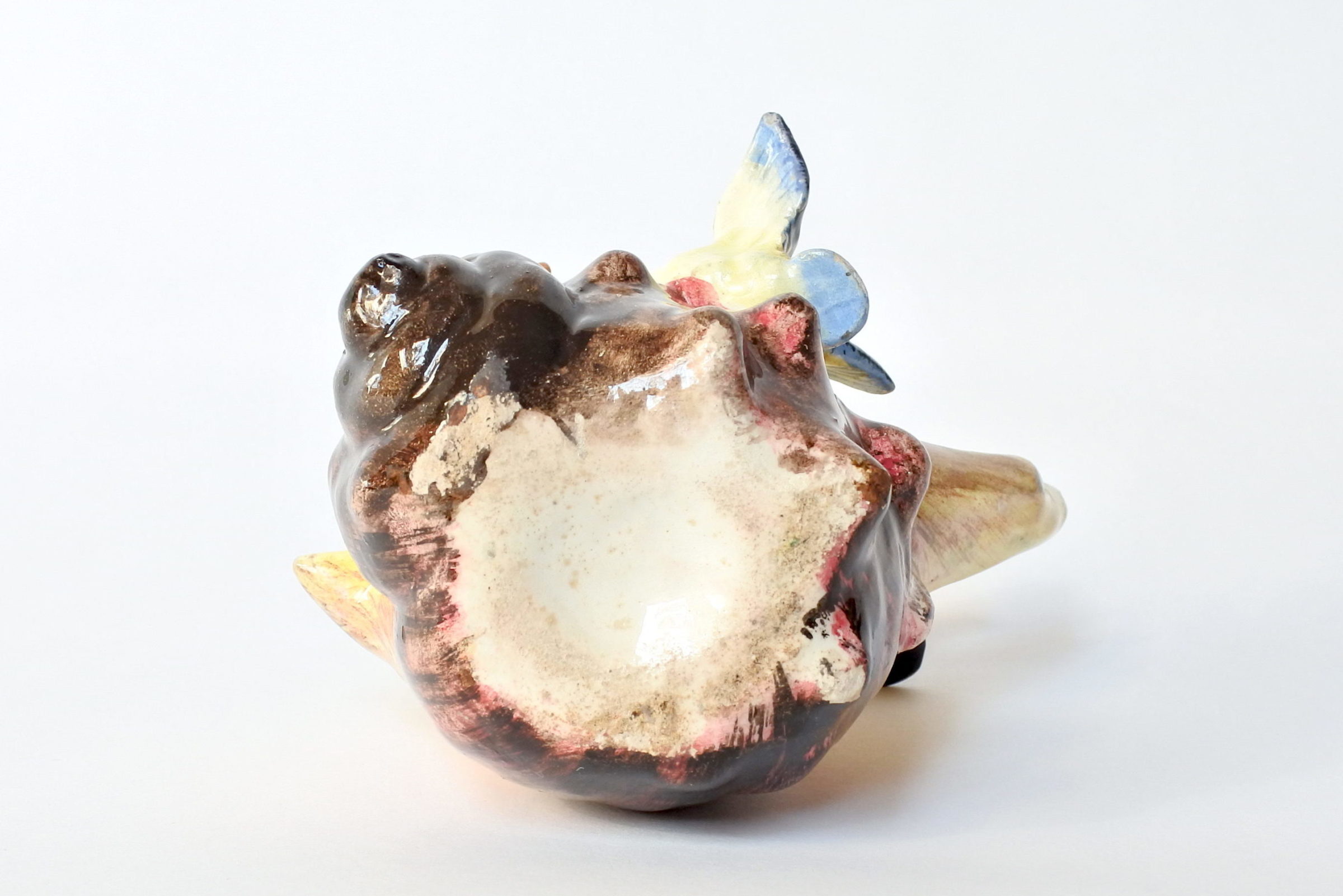 Jardinière Massier in ceramica barbotine a forma di conchiglia con uccellini - 6