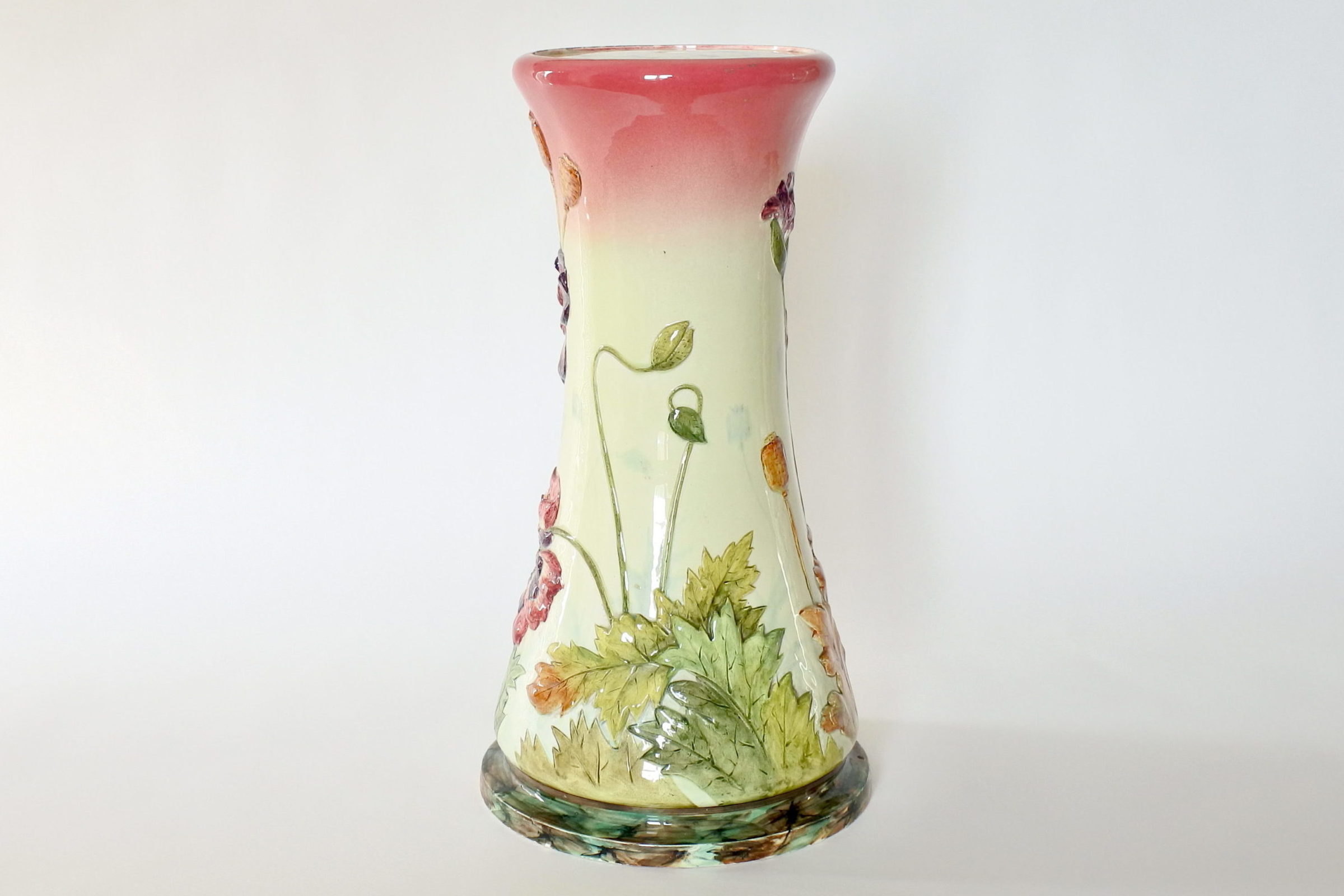 Cache pot e colonna in ceramica barbotine con papaveri e boccioli - Massier - 10