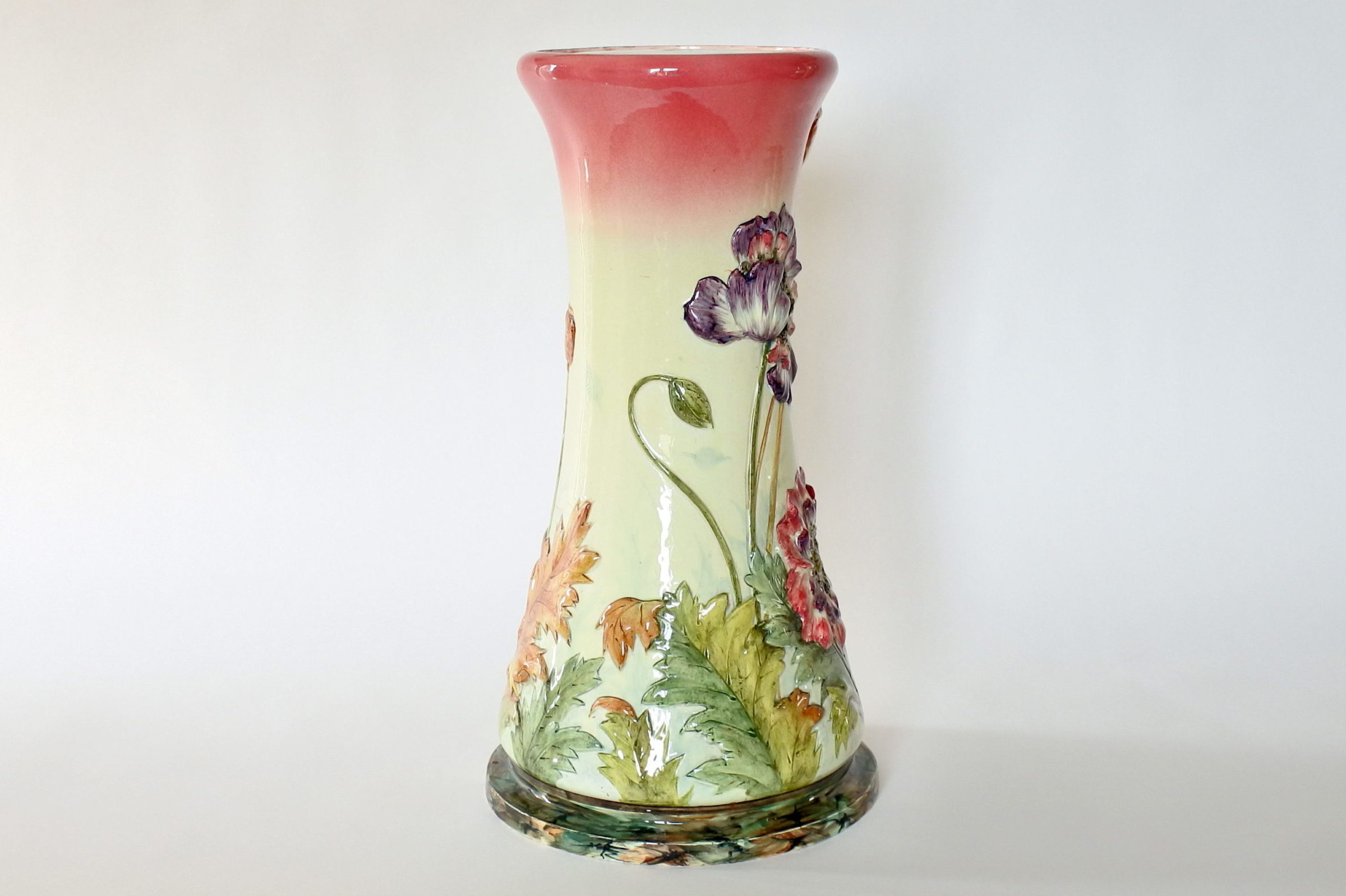 Cache pot e colonna in ceramica barbotine con papaveri e boccioli - Massier - 12