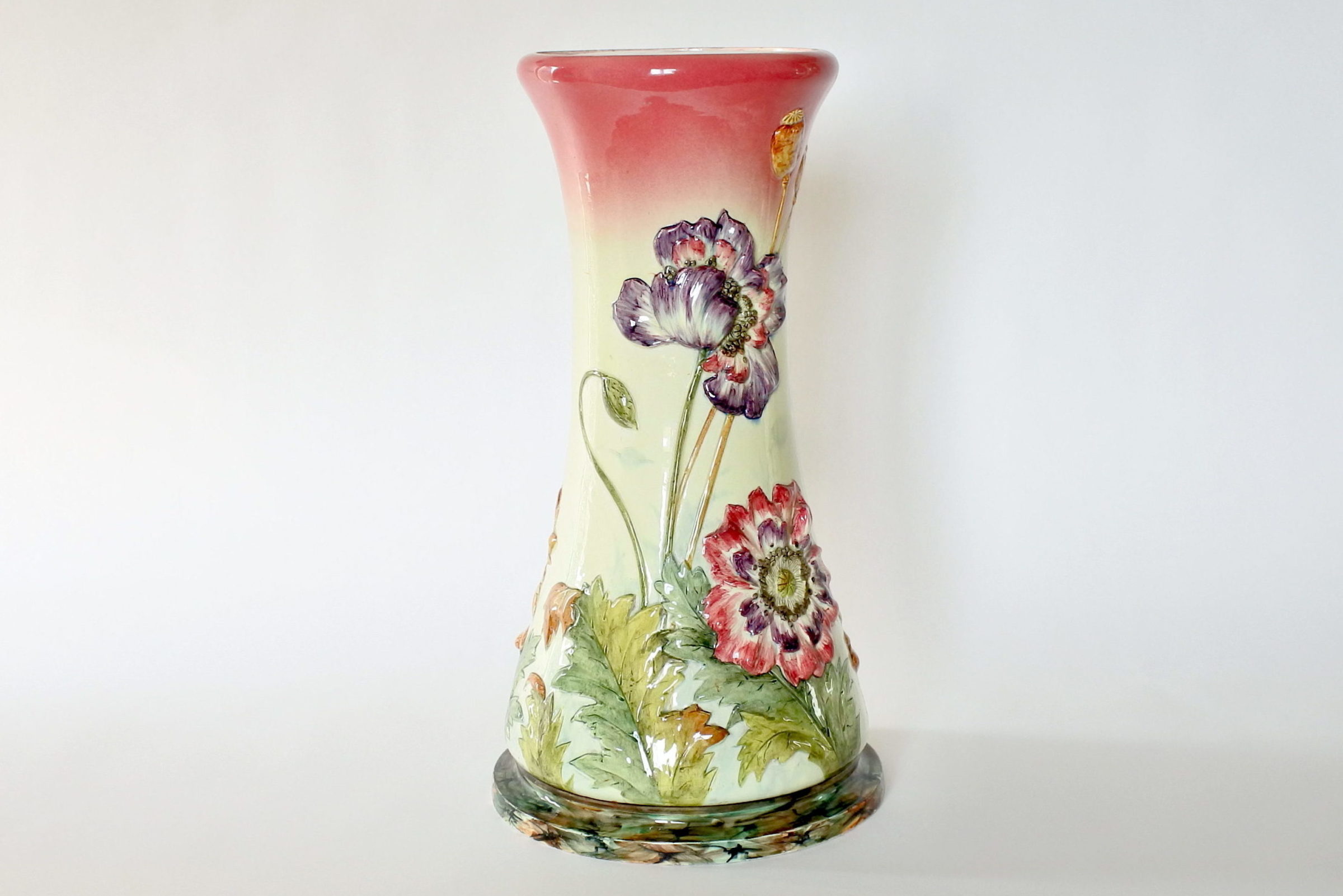 Cache pot e colonna in ceramica barbotine con papaveri e boccioli - Massier - 13
