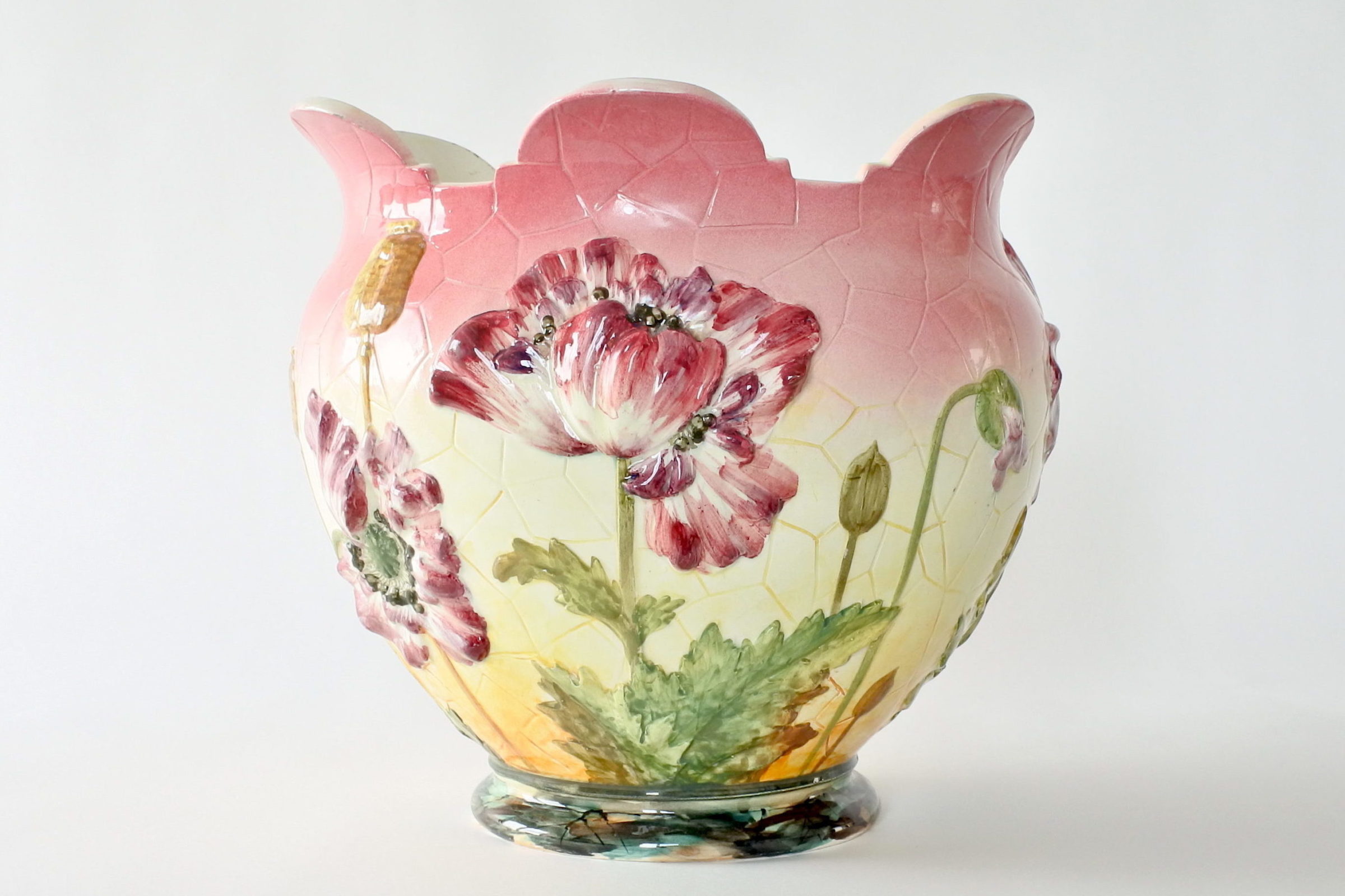 Cache pot e colonna in ceramica barbotine con papaveri e boccioli - Massier - 3