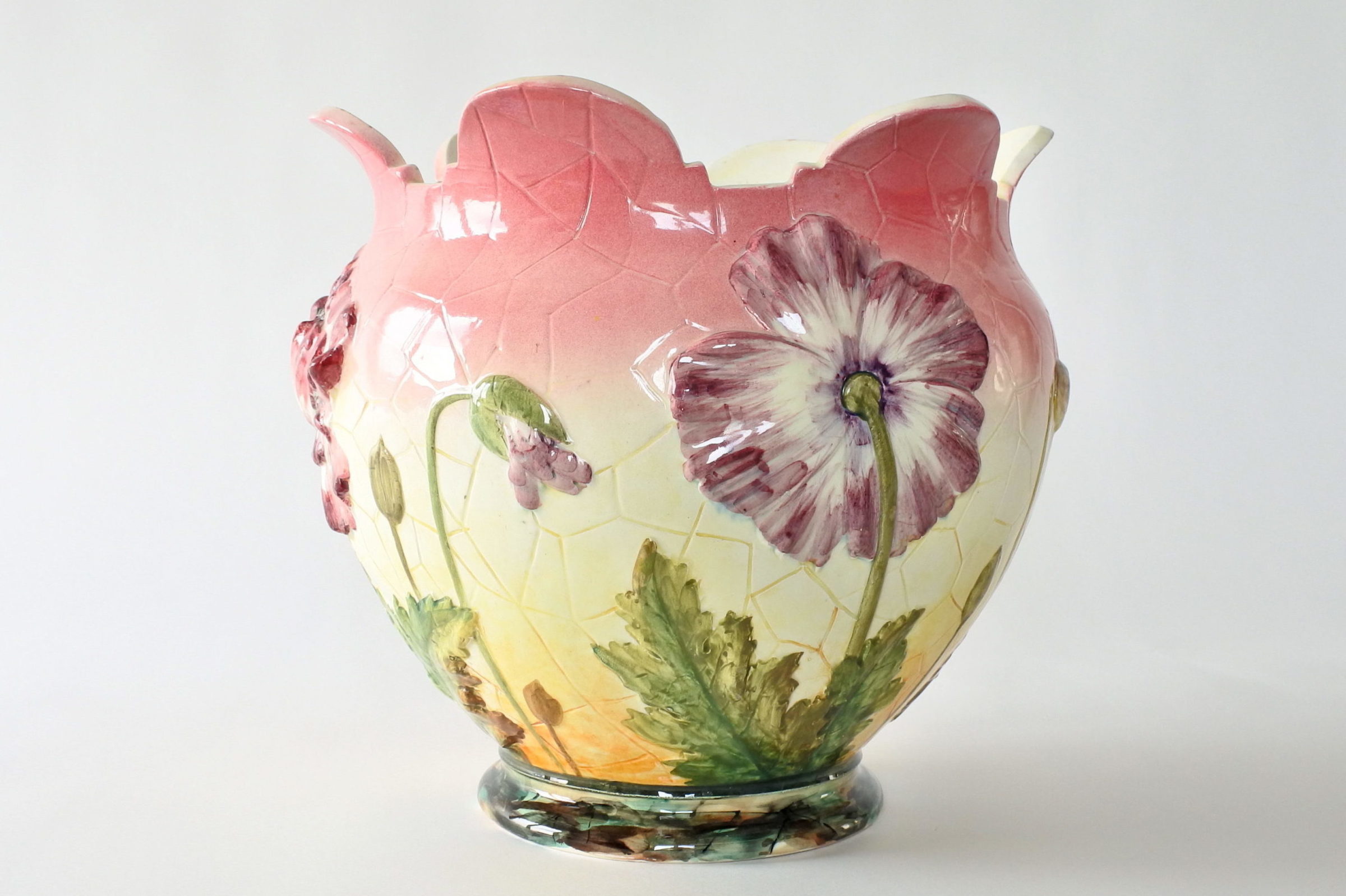 Cache pot e colonna in ceramica barbotine con papaveri e boccioli - Massier - 4