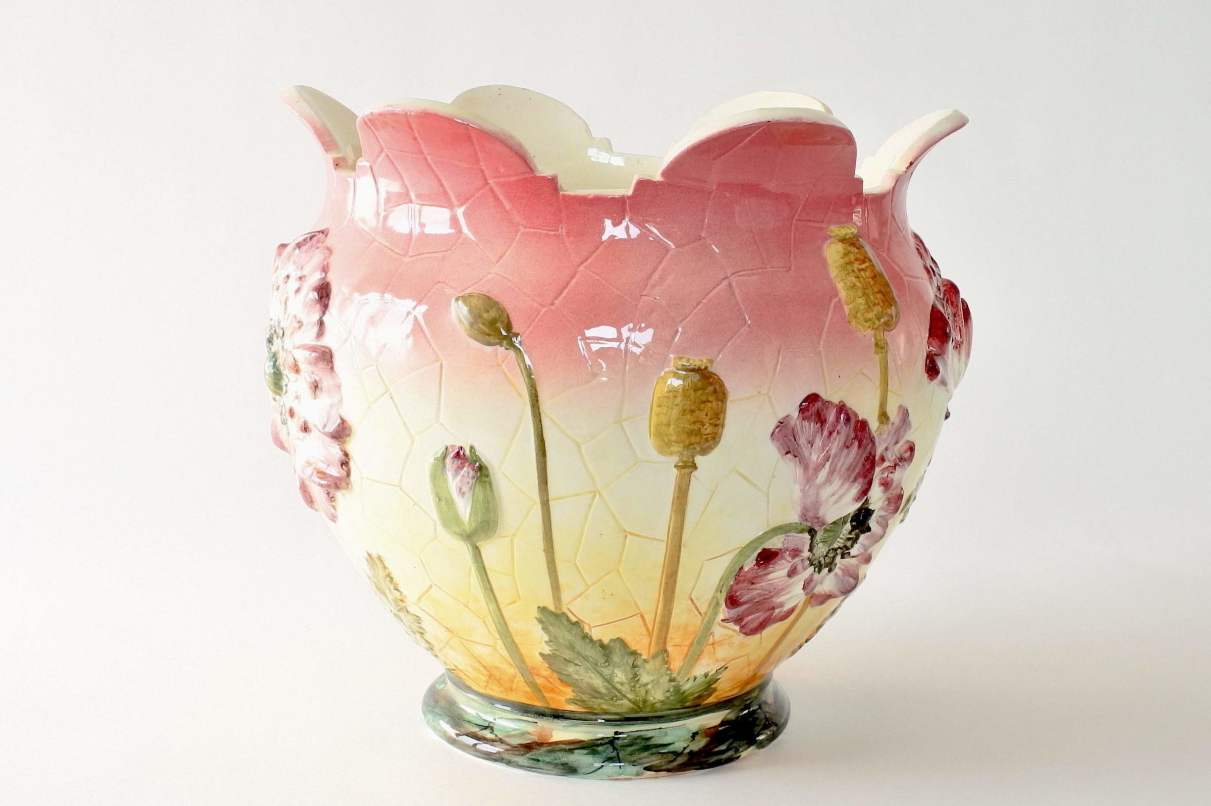 Cache pot e colonna in ceramica barbotine con papaveri e boccioli - Massier - 6
