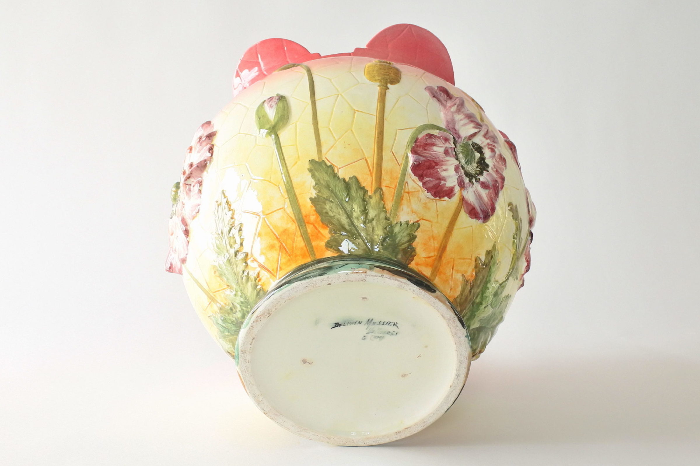 Cache pot e colonna in ceramica barbotine con papaveri e boccioli - Massier - 8