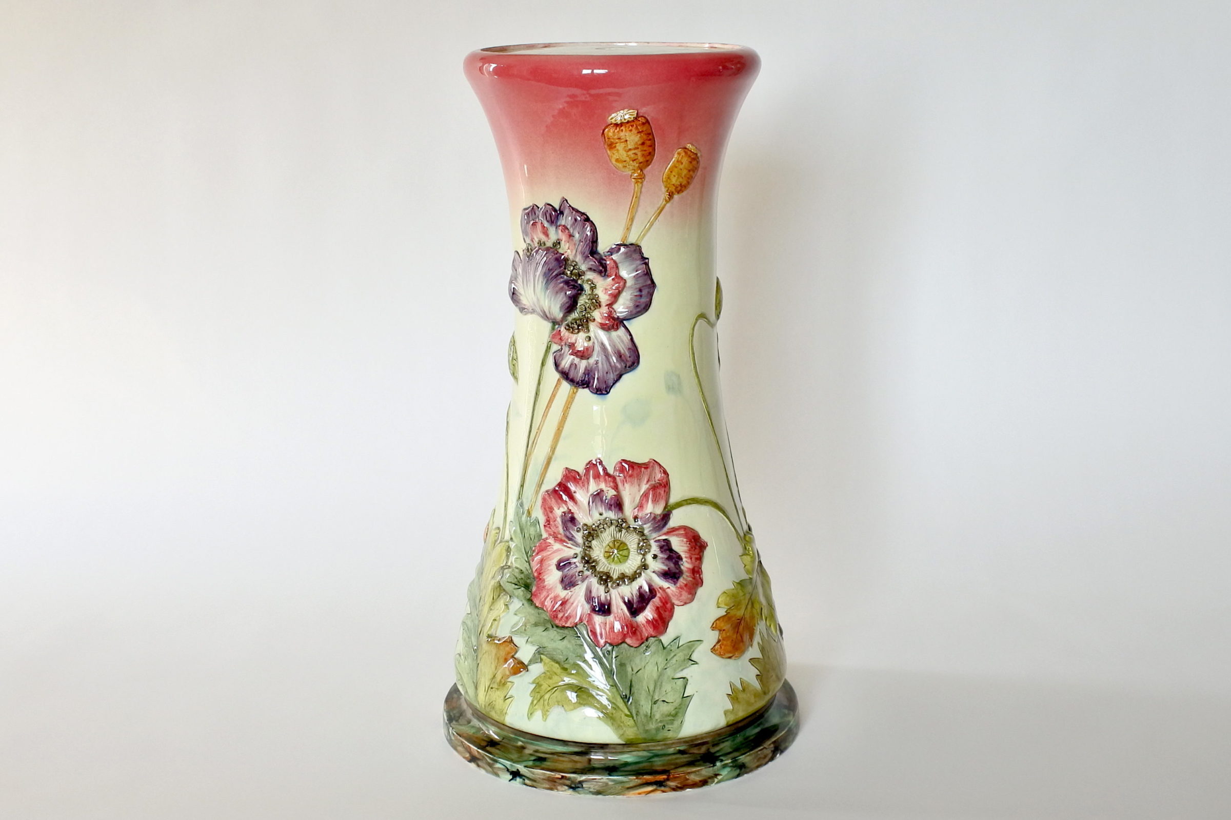 Cache pot e colonna in ceramica barbotine con papaveri e boccioli - Massier - 9