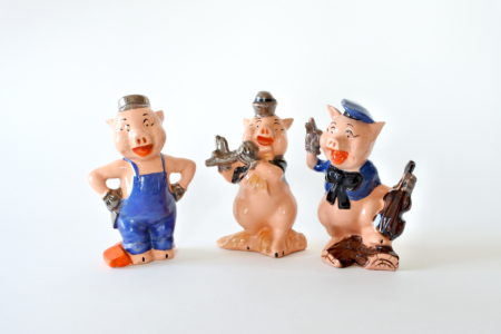 Salvadanaio Onnaing in ceramica barbotine a forma dei tre porcellini Walt Disney
