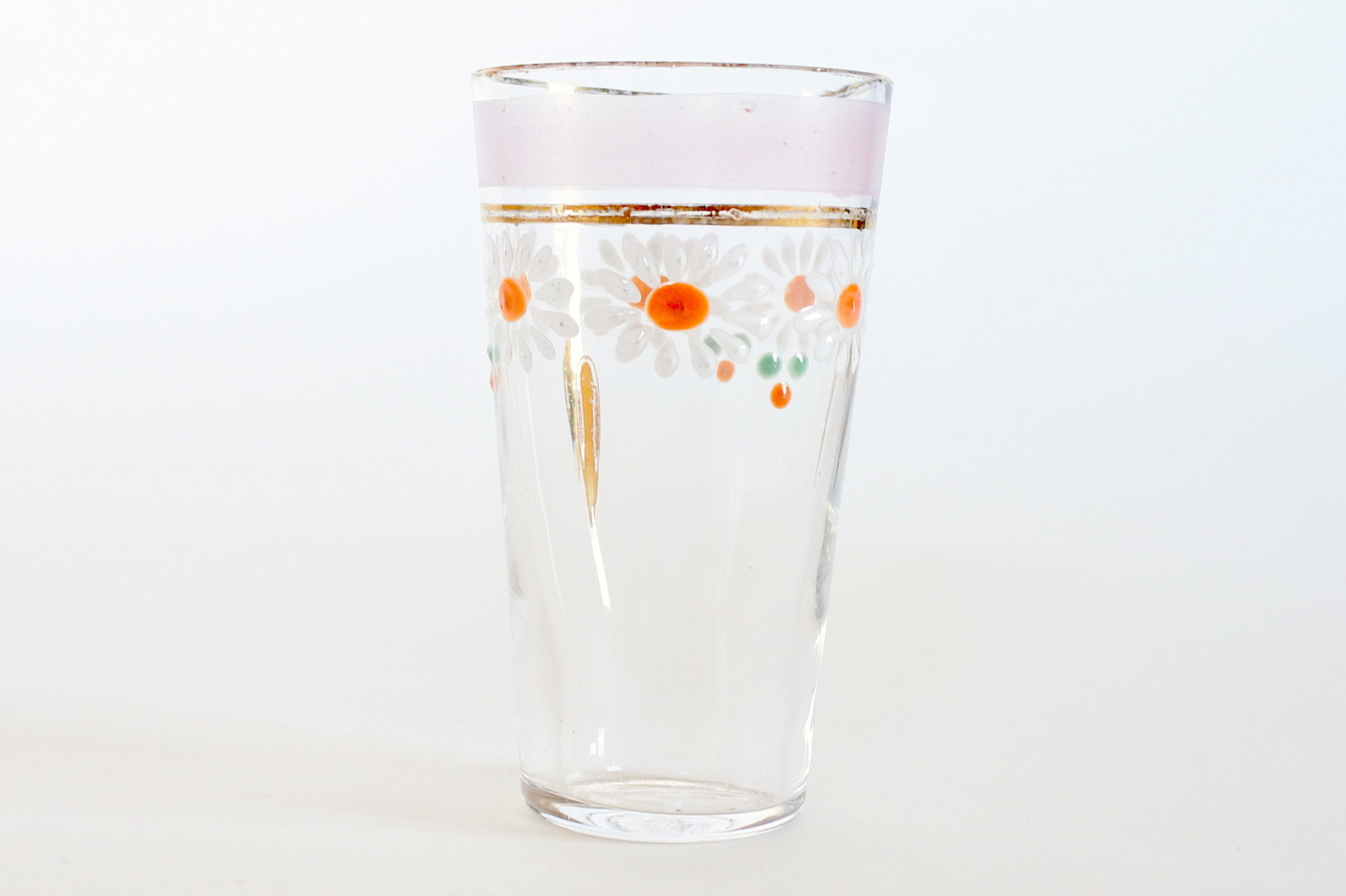 Bicchierino da liquore in vetro soffiato trasparente con fiori dipinti a mano