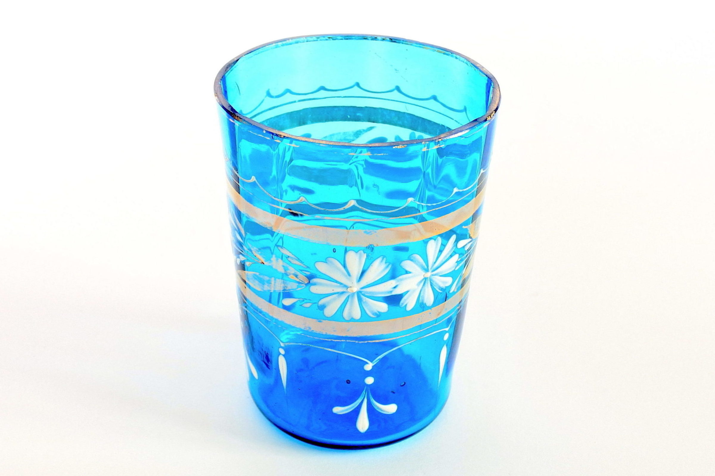 Bicchiere in vetro soffiato blu con fascia in oro - 2