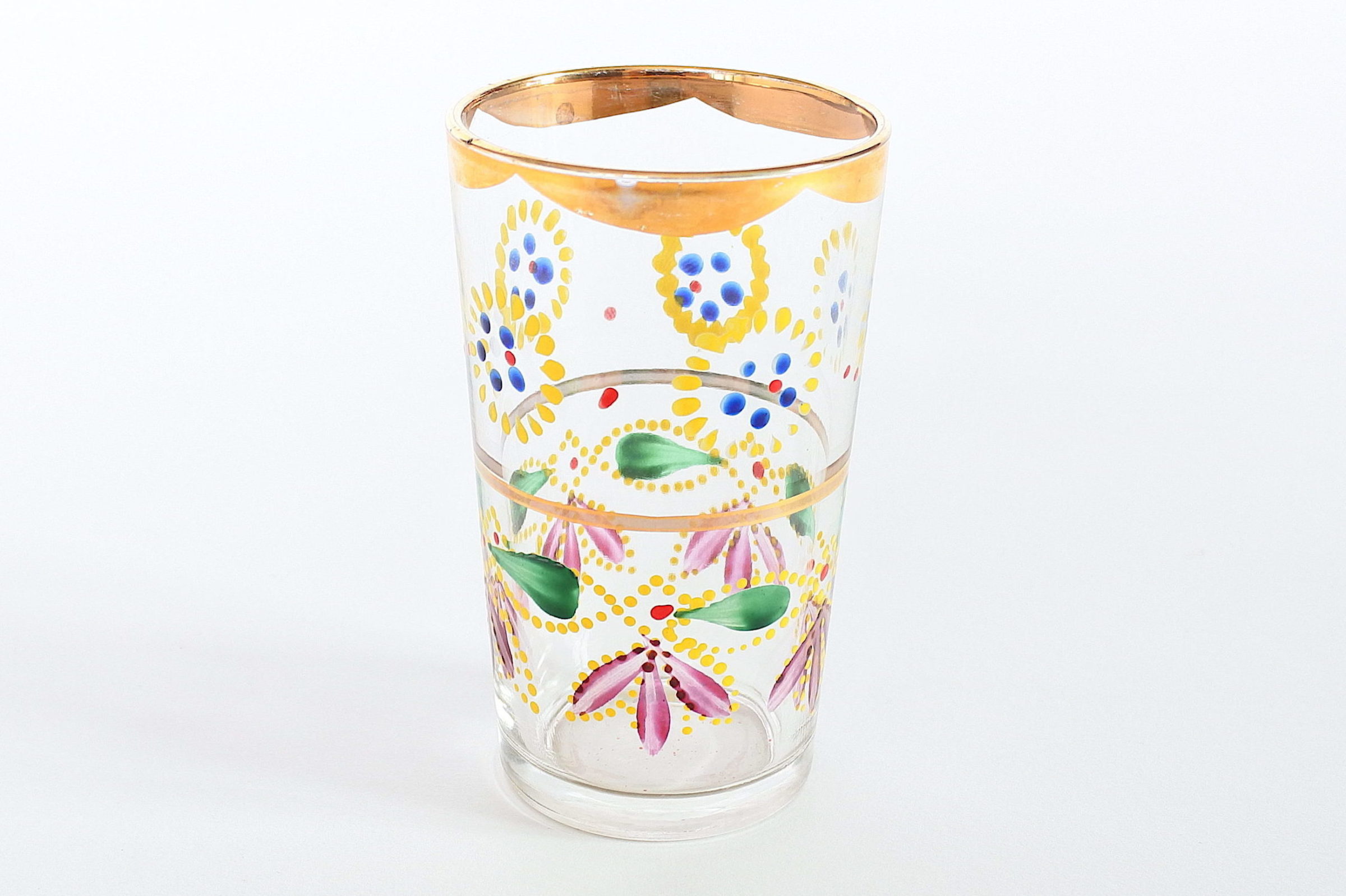 Bicchiere in vetro soffiato con decoro di fiori e bordi in oro - 3