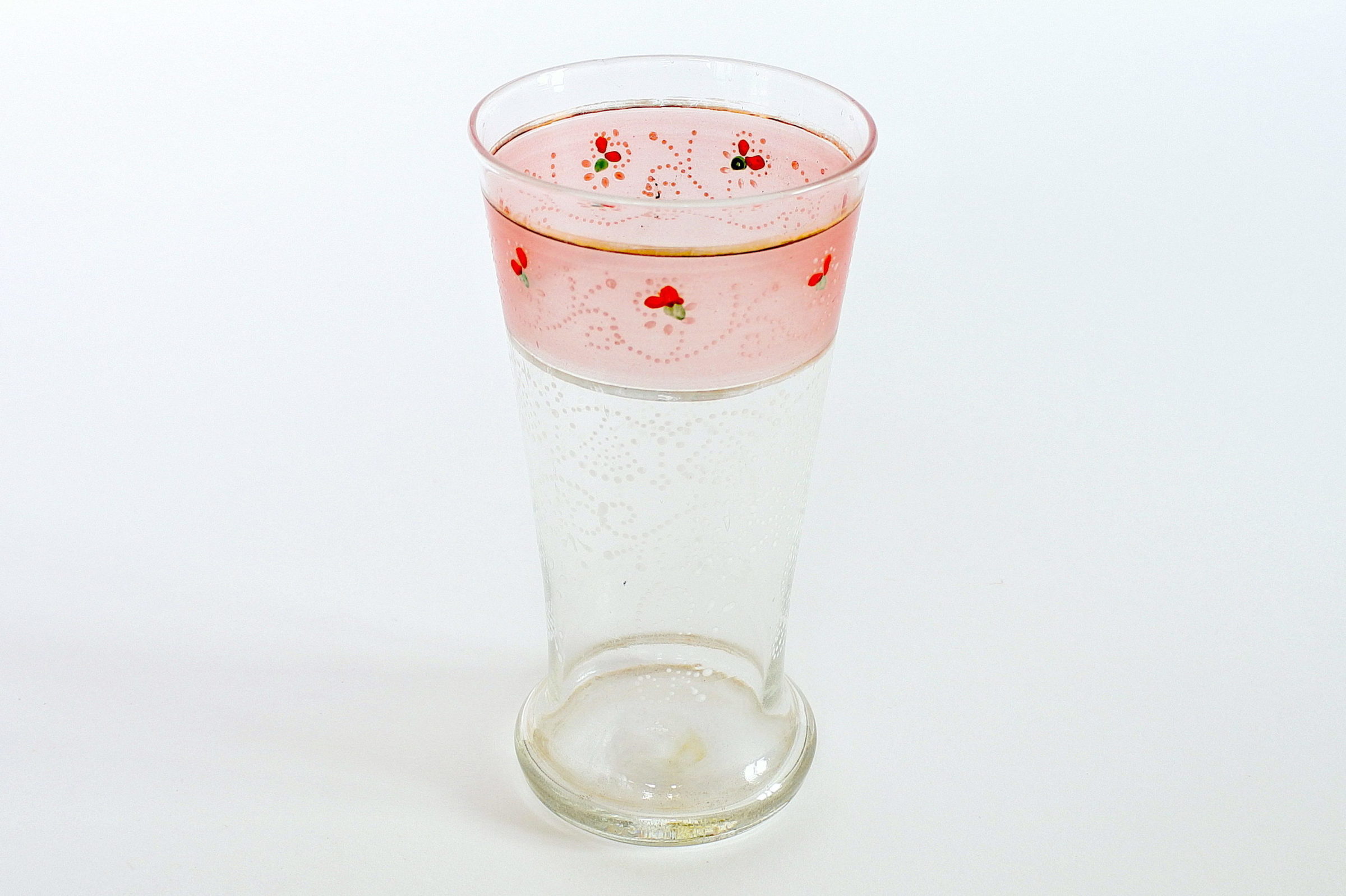 Bicchiere in vetro soffiato con fascia rosa e decorato a smalto - 2