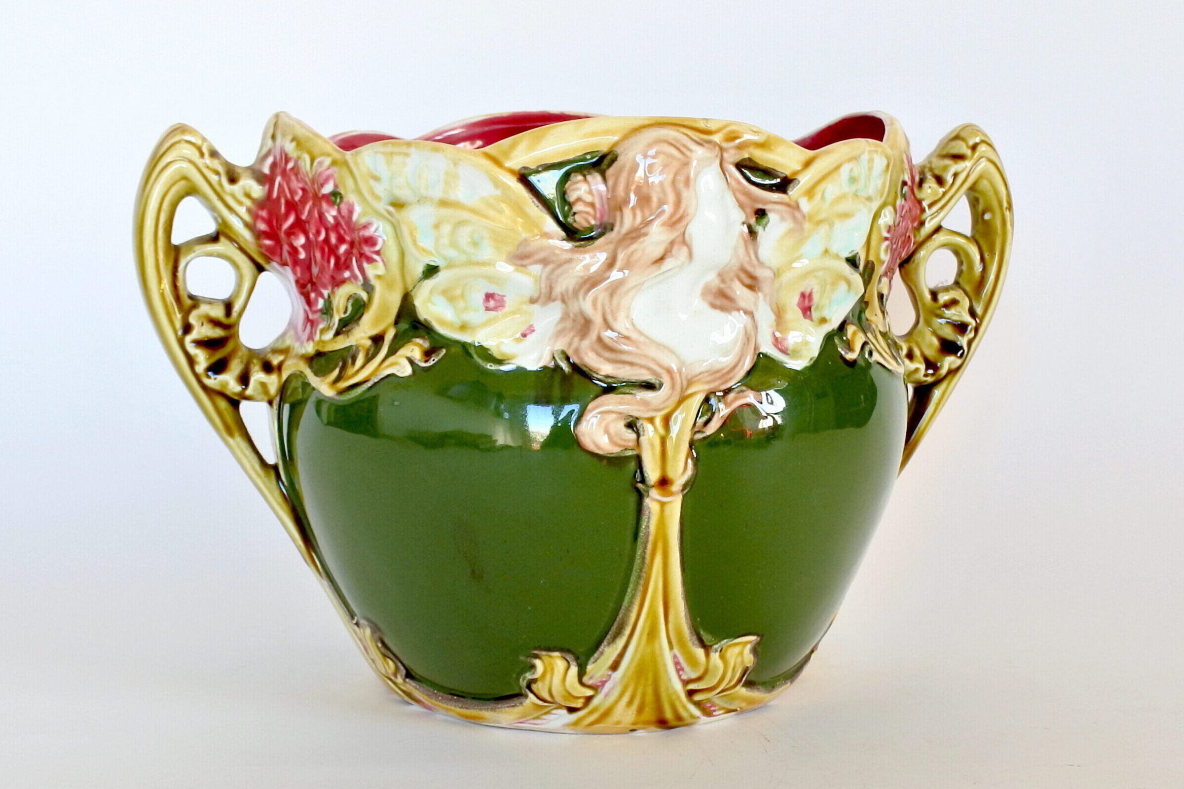Cache pot in ceramica barbotine Onnaing n° 824 con donna alata e fiori - 3
