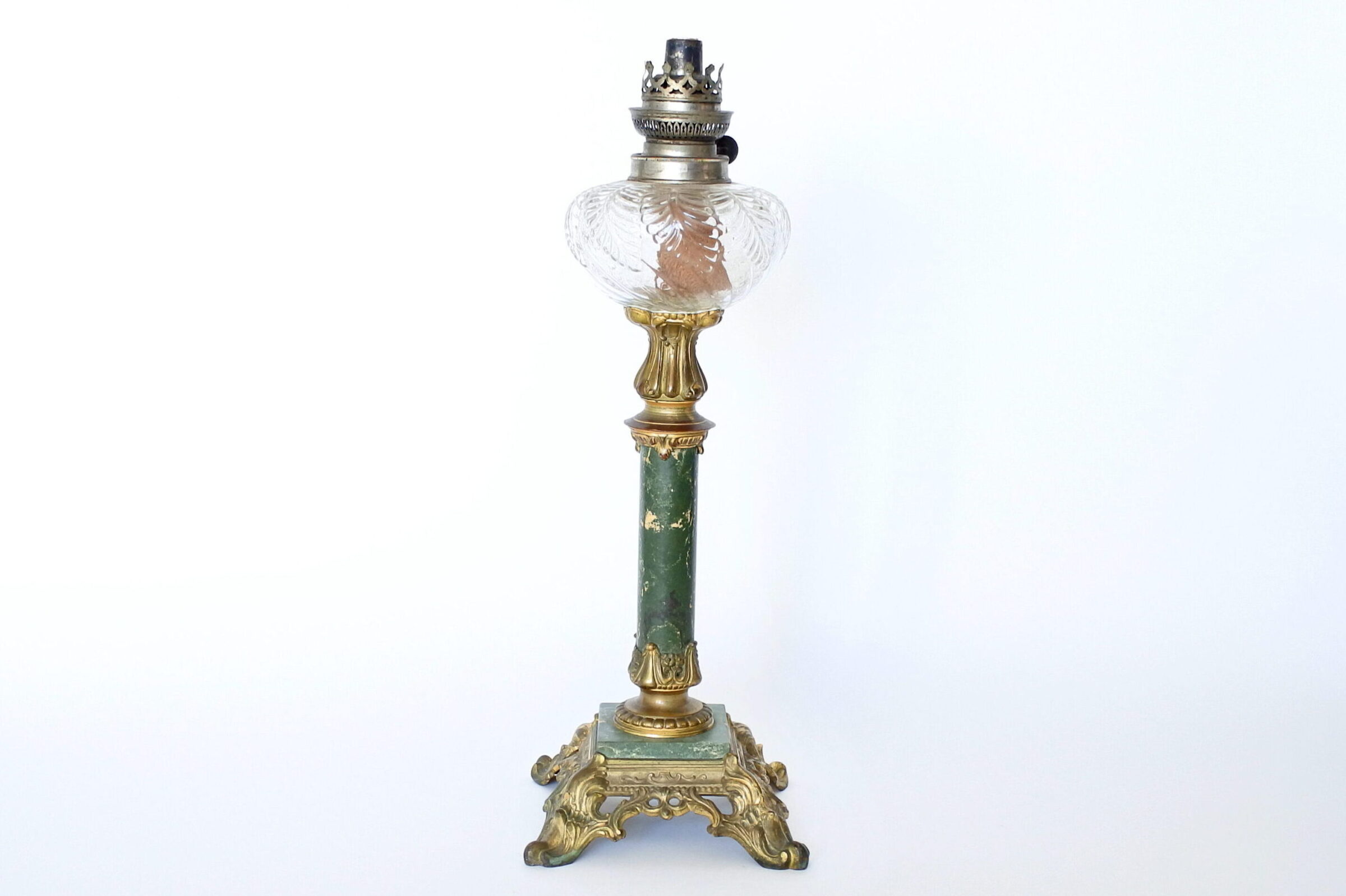 Lampada a petrolio in marmo verde e bronzo dorato con serbatoio in vetro molato - 5
