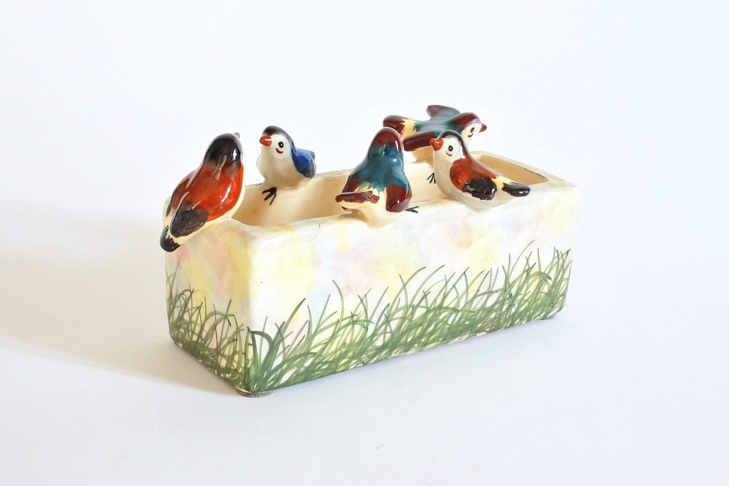 Jardinière Massier in ceramica barbotine a forma di abbeveratoio con 5 uccellini - 2