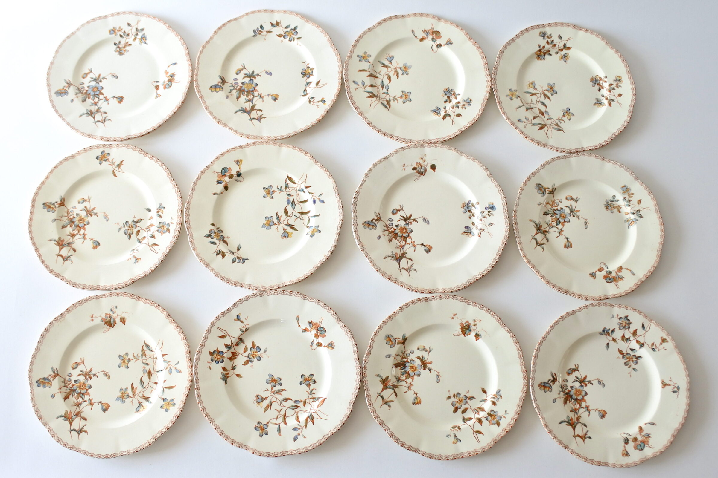 12 piatti in ceramica di Salins con fiori e greca marrone