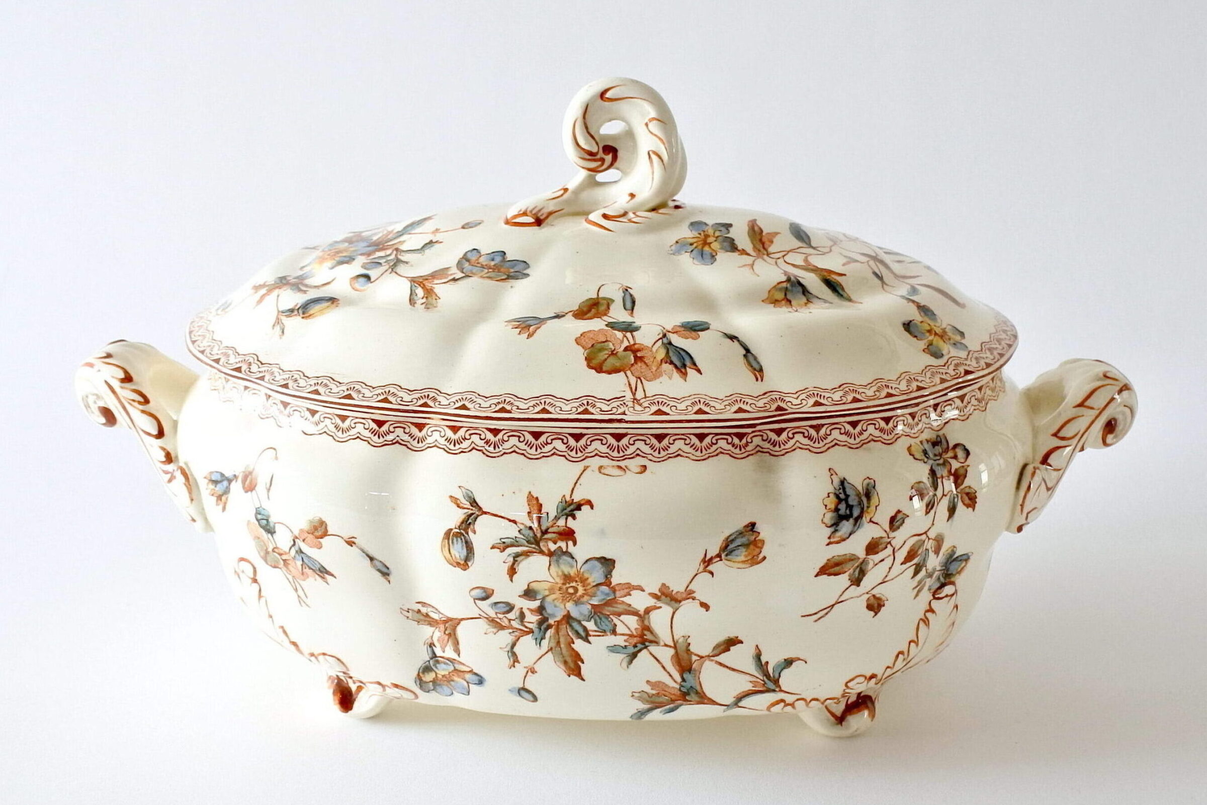 Zuppiera in ceramica di Salins con fiori e greca marrone - 2