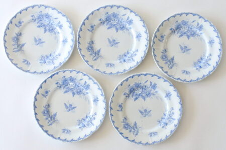 5 piatti da frutta in ceramica di Gien del 1875 decorati in azzurro con colomba e fiori