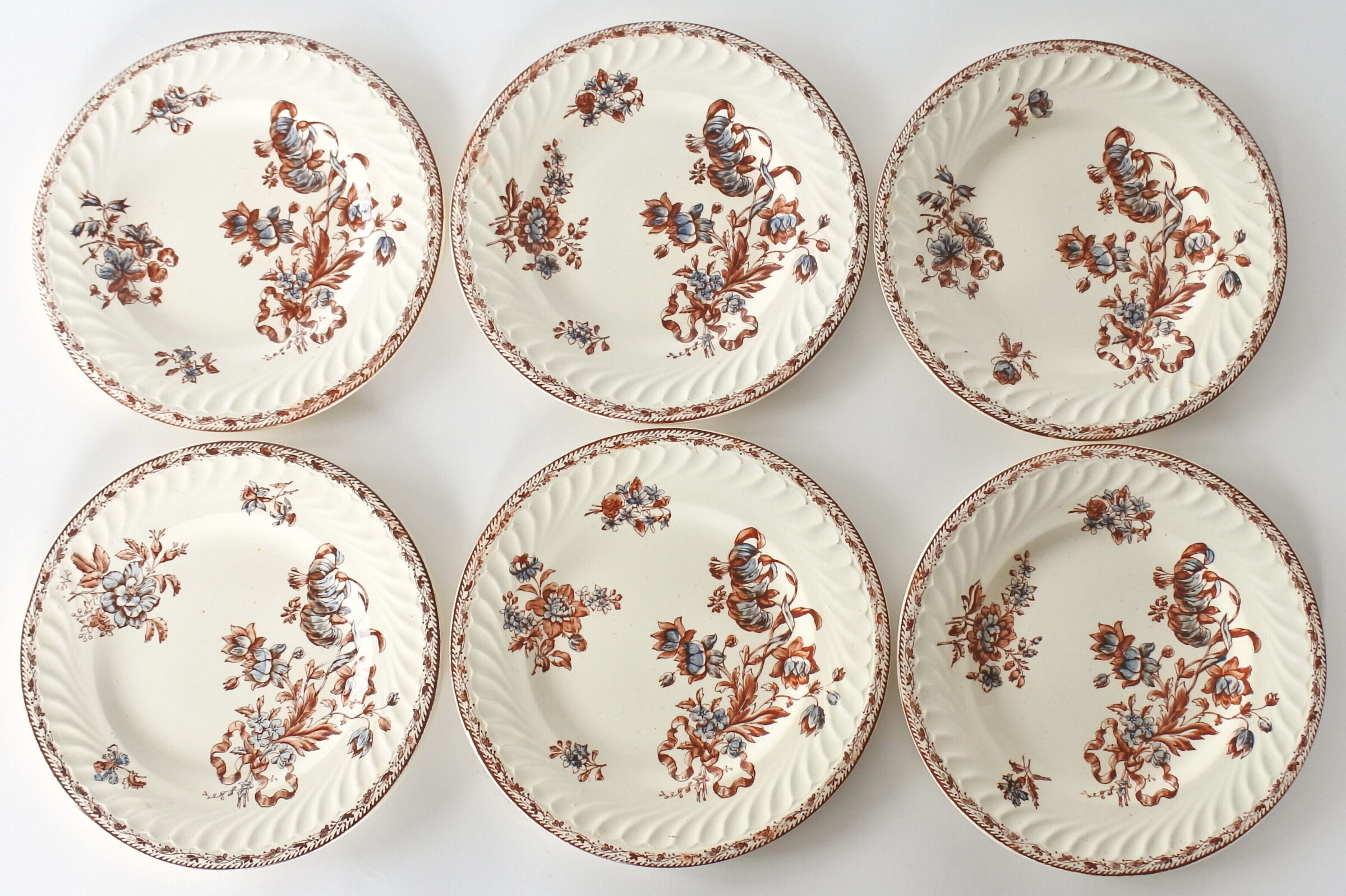 6 piatti da frutta in ceramica di Salins con decoro floreale su fondo avorio