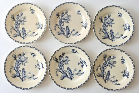 6 piatti piani in ceramica di Gien del 1878 con decoro cactus blu