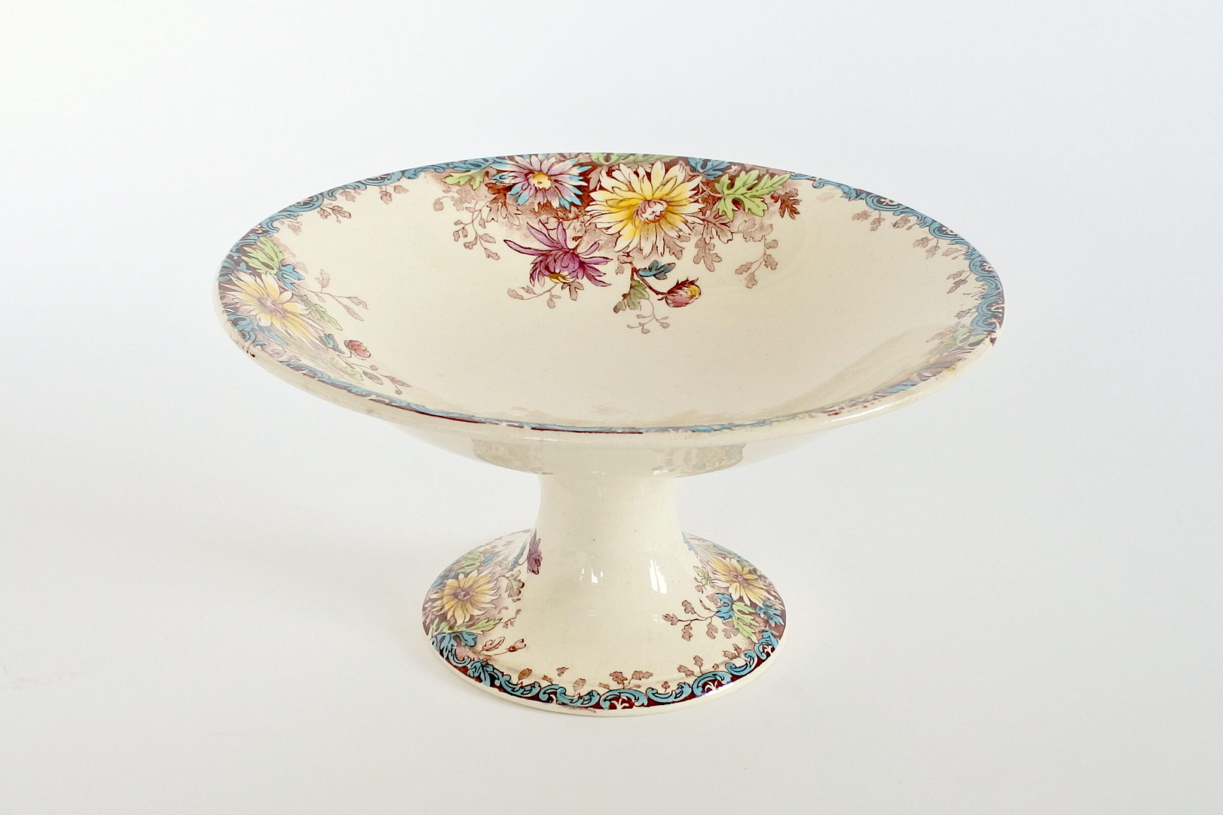 Alzata centrotavola in ceramica di Gien del 1878 con decoro fiori d’autunno
