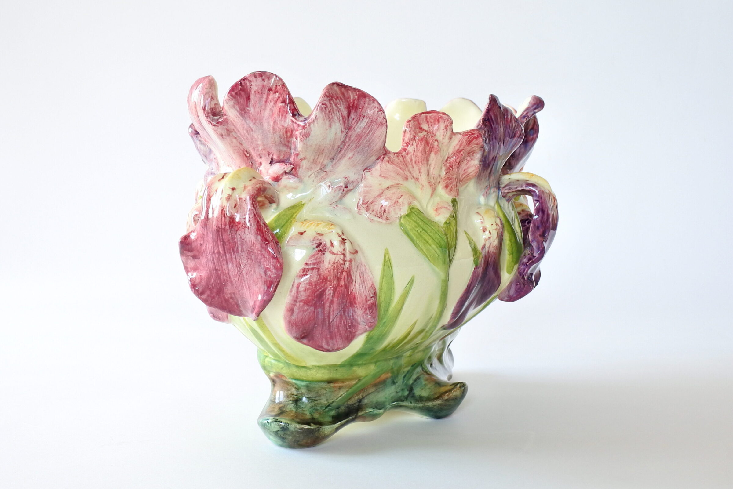 Jardinière di Delphin Massier in ceramica barbotine con iris policromi - 6