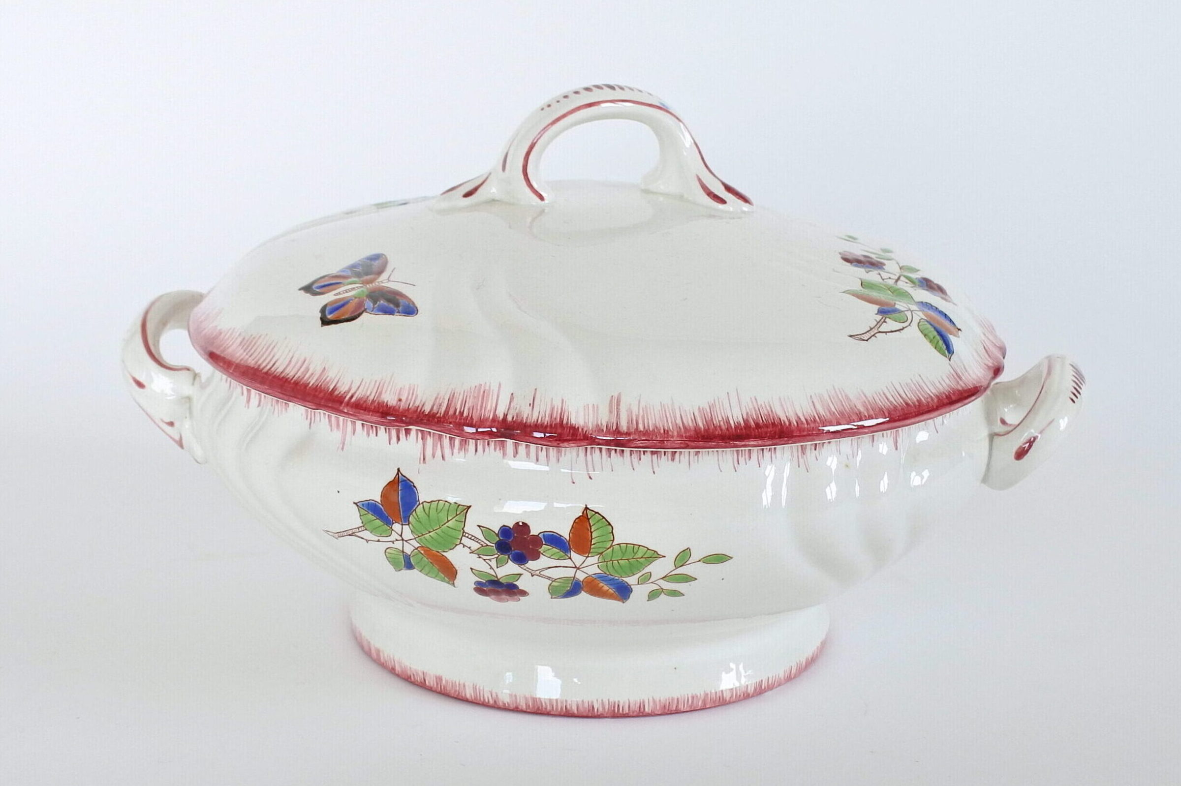 Zuppiera in ceramica di Longwy decorata con frutti di rovo e farfalla - 3
