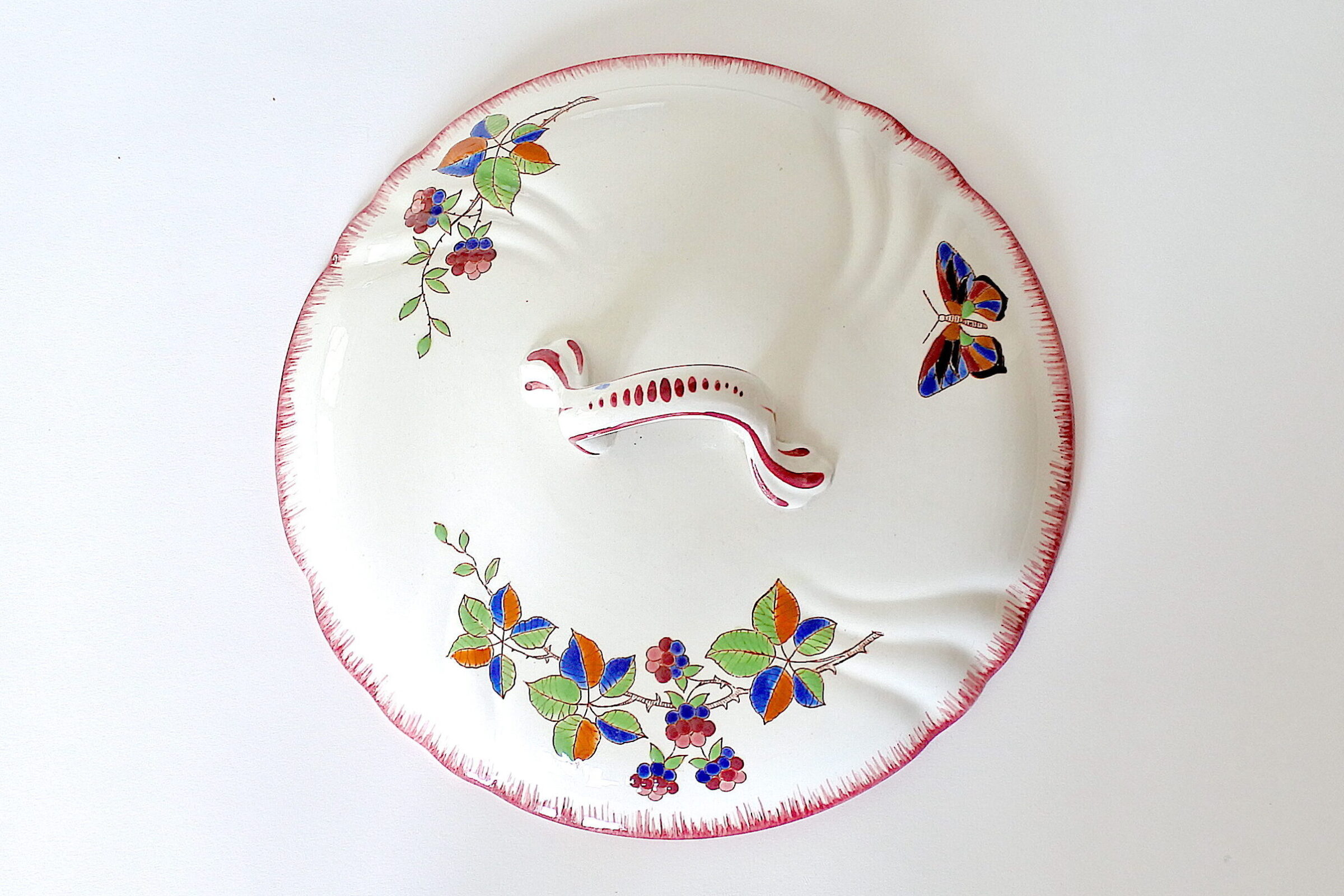 Zuppiera in ceramica di Longwy decorata con frutti di rovo e farfalla - 7