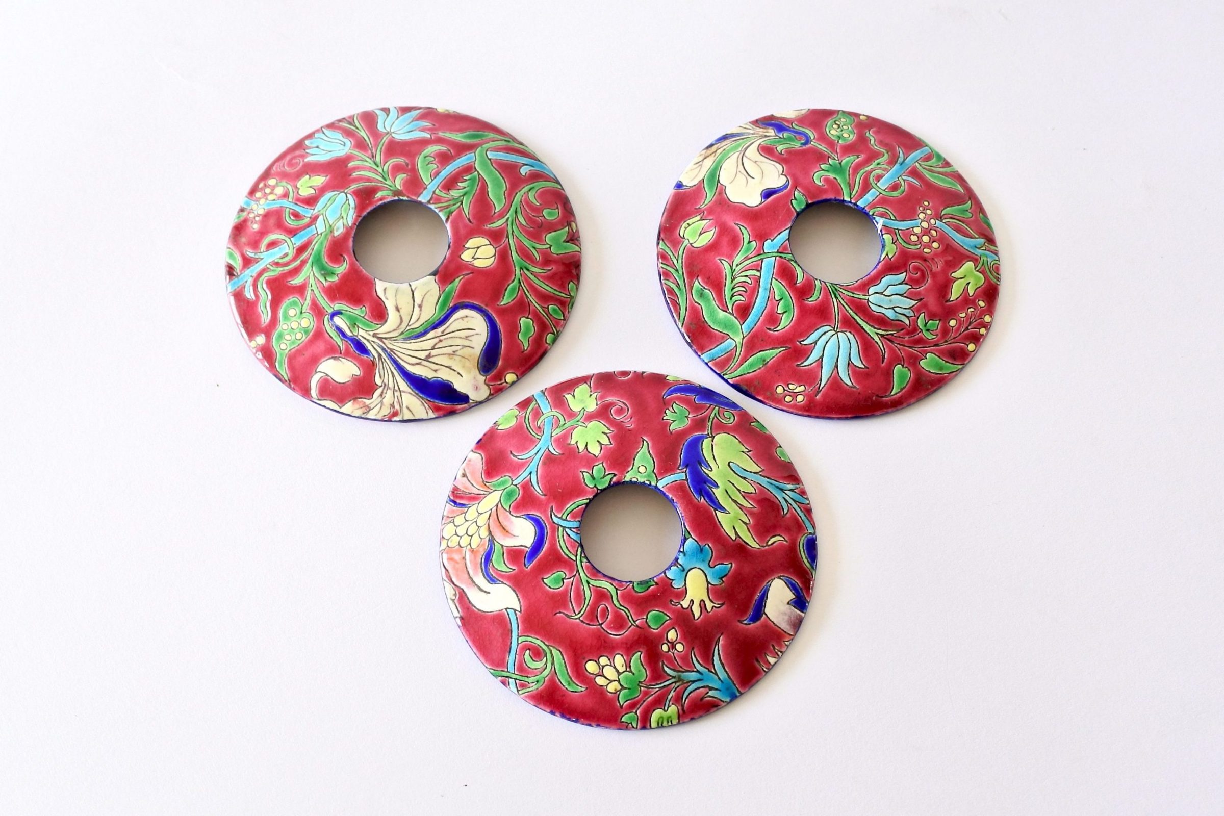 3 bobeches raccoglicera in ceramica di Longwy decorate a smalto con fiori - 2
