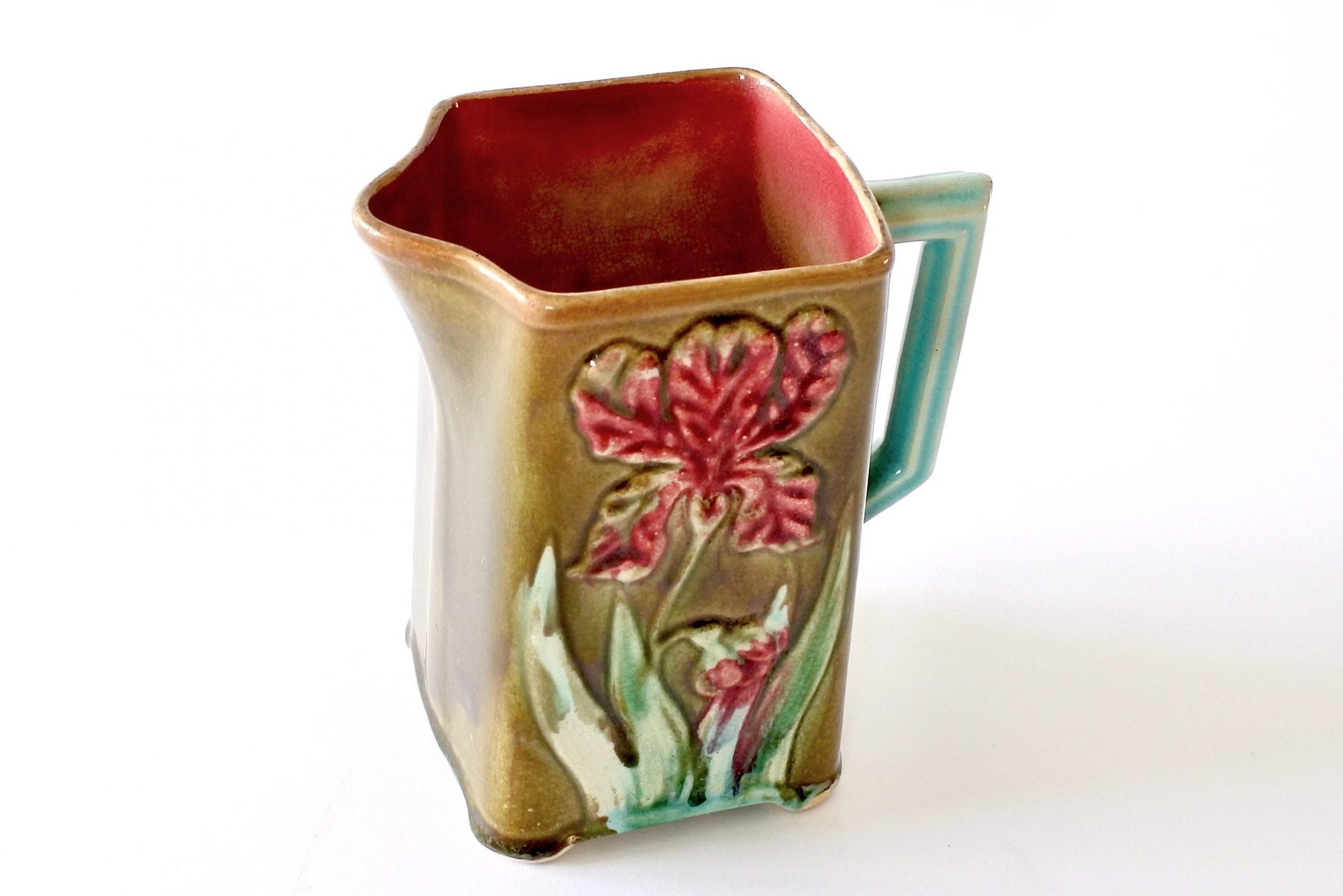 Brocca in ceramica barbotine di Saint Uze con iris e manico turchese - 6