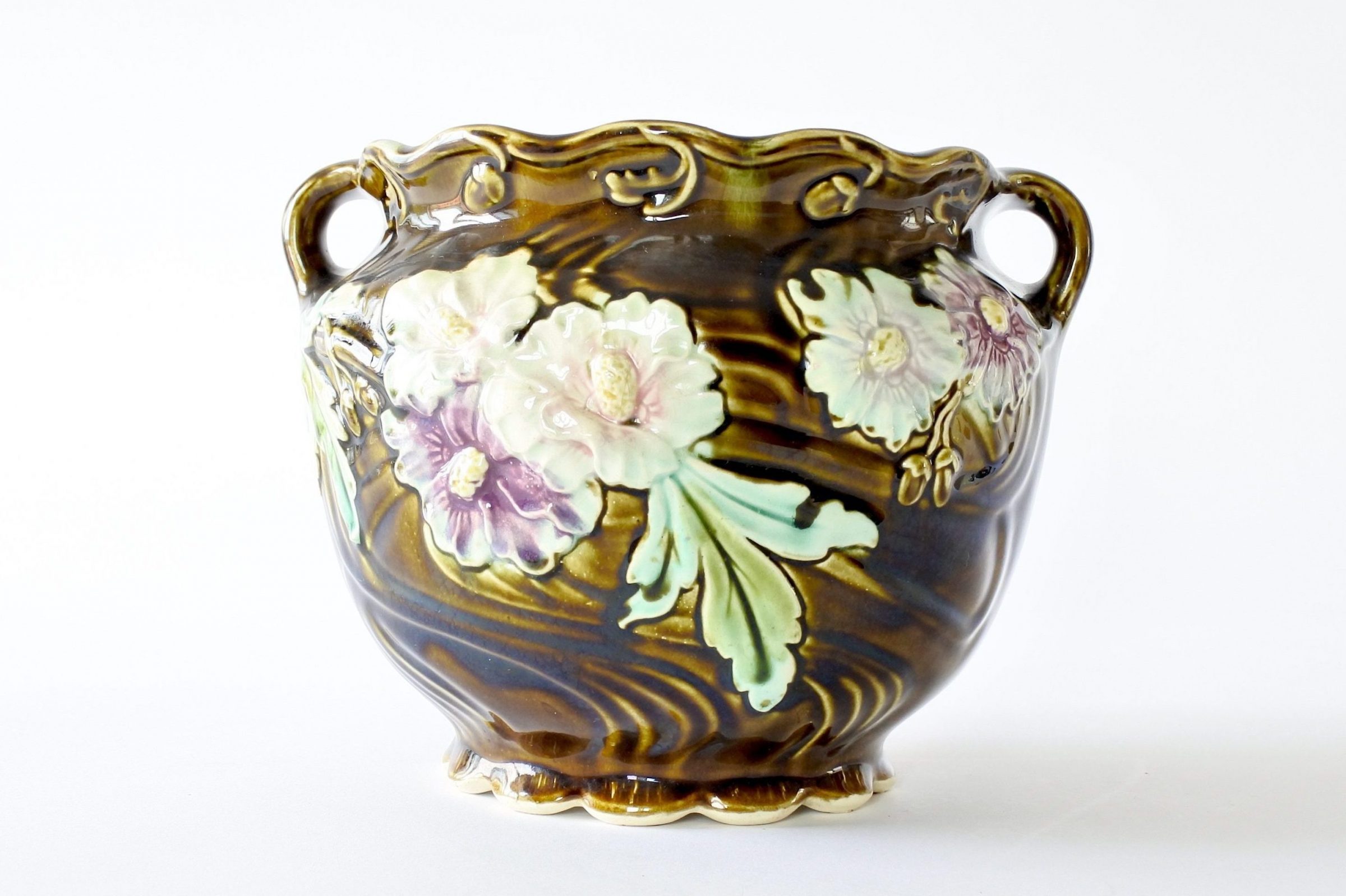 Cache pot Fives Lille in ceramica barbotine decorato con fiori e foglie - 3