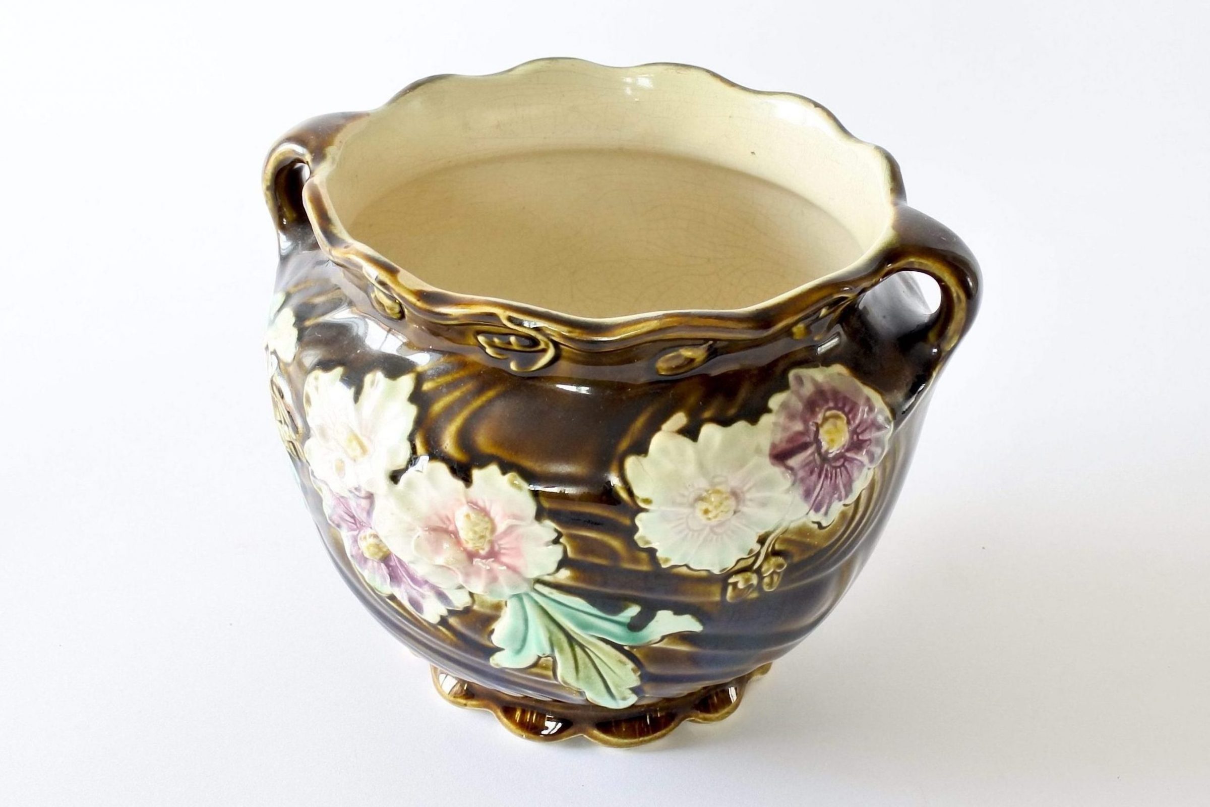 Cache pot Fives Lille in ceramica barbotine decorato con fiori e foglie - 5