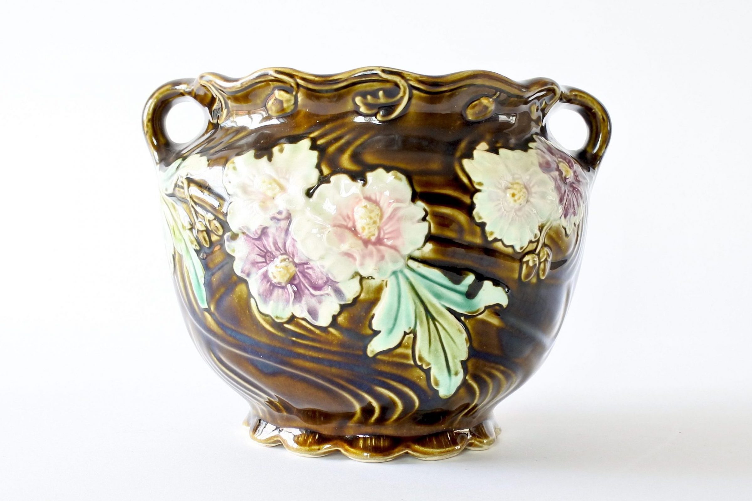 Cache pot Fives Lille in ceramica barbotine decorato con fiori e foglie