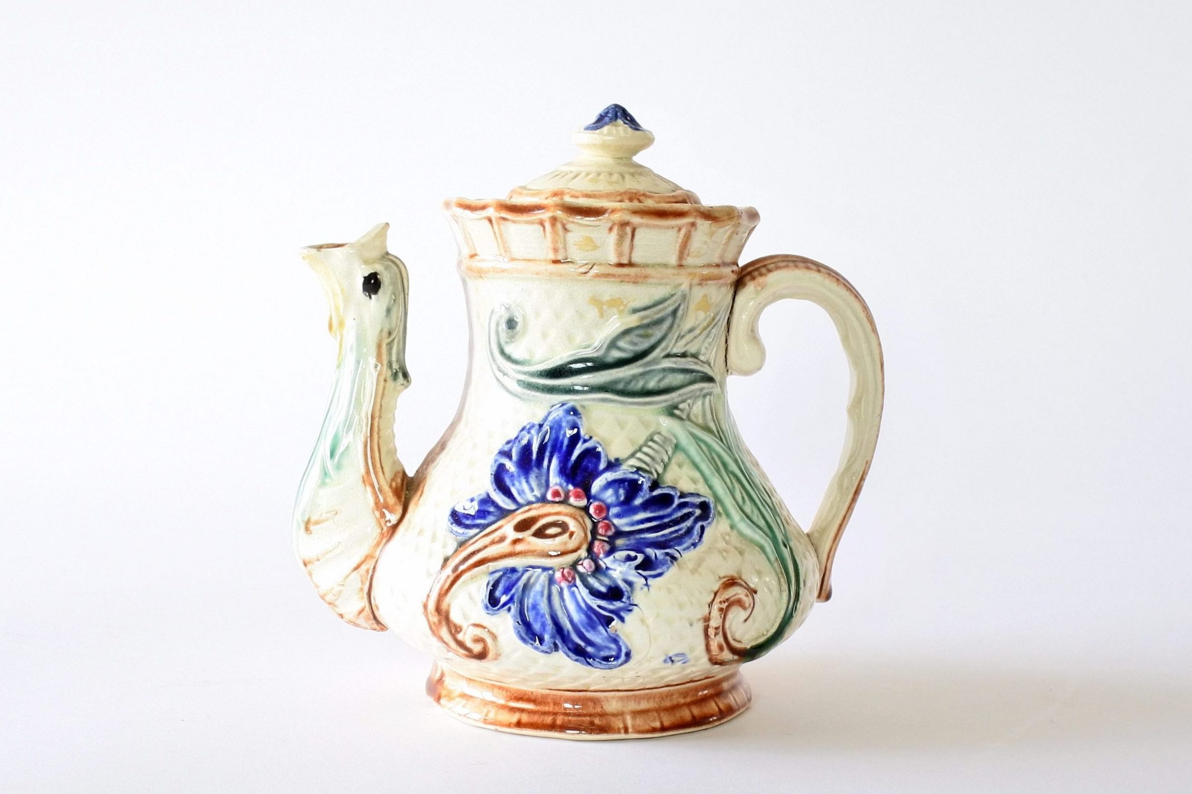 Caffettiera in ceramica barbotine di Wasmuel con decoro di fiori blu - 2