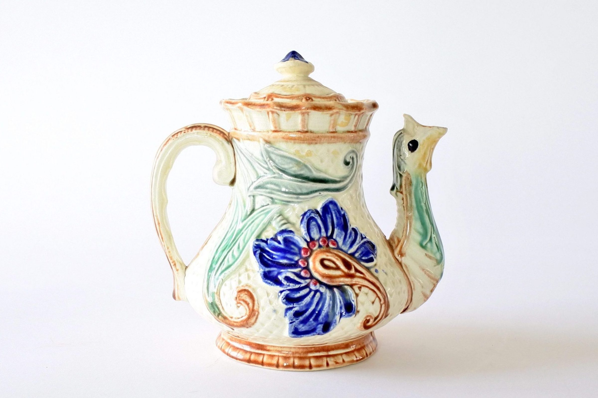 Caffettiera in ceramica barbotine di Wasmuel con decoro di fiori blu - 4