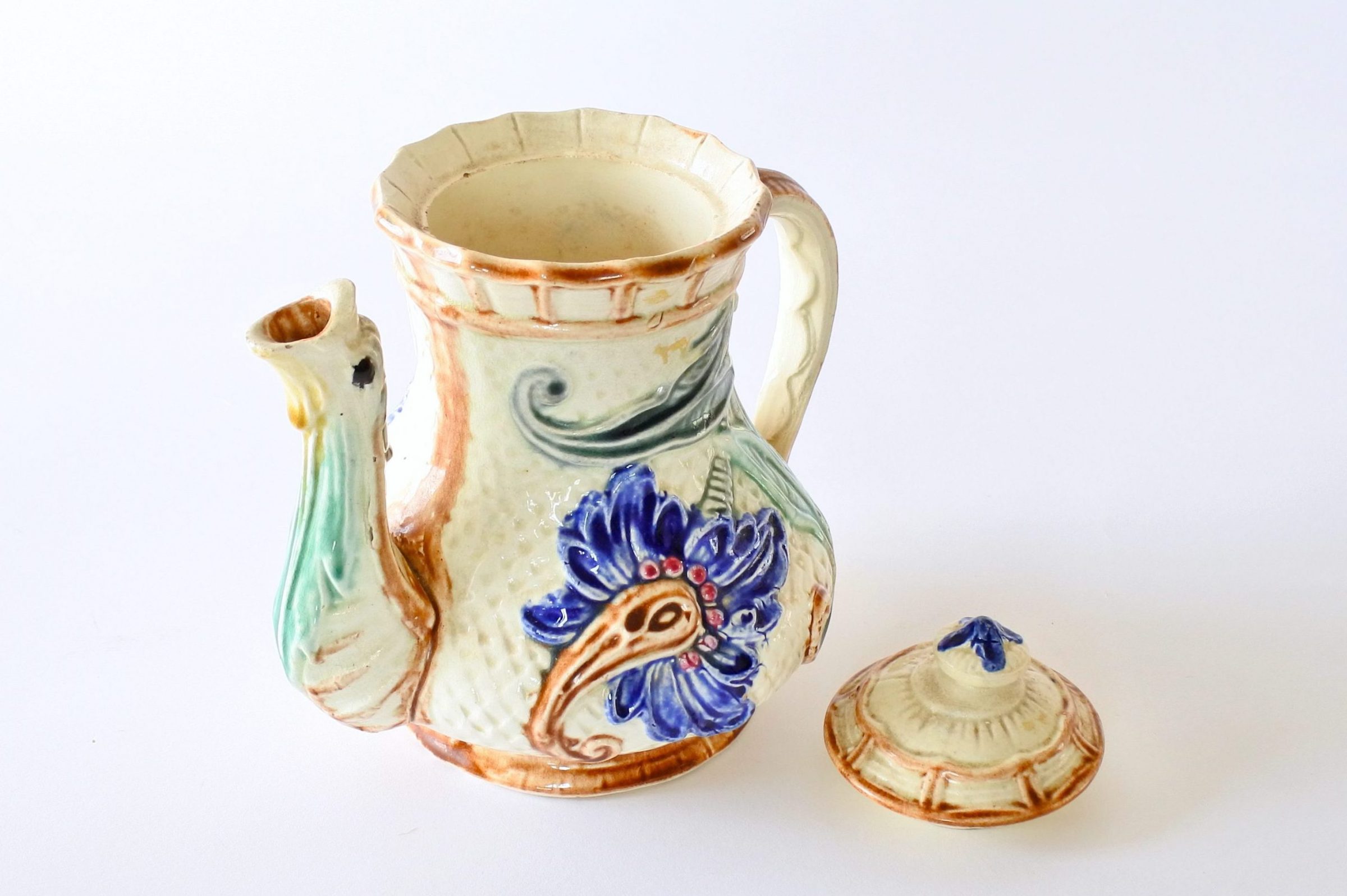 Caffettiera in ceramica barbotine di Wasmuel con decoro di fiori blu - 6