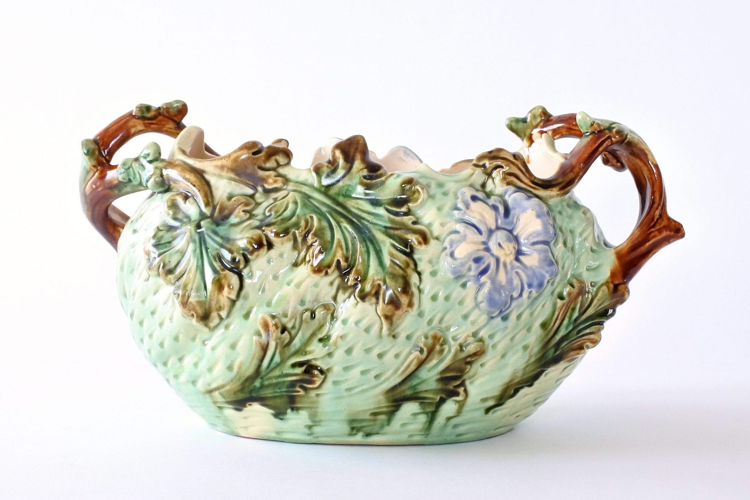 Jardinière in ceramica barbotine con fiori blu su fondo turchese - 4
